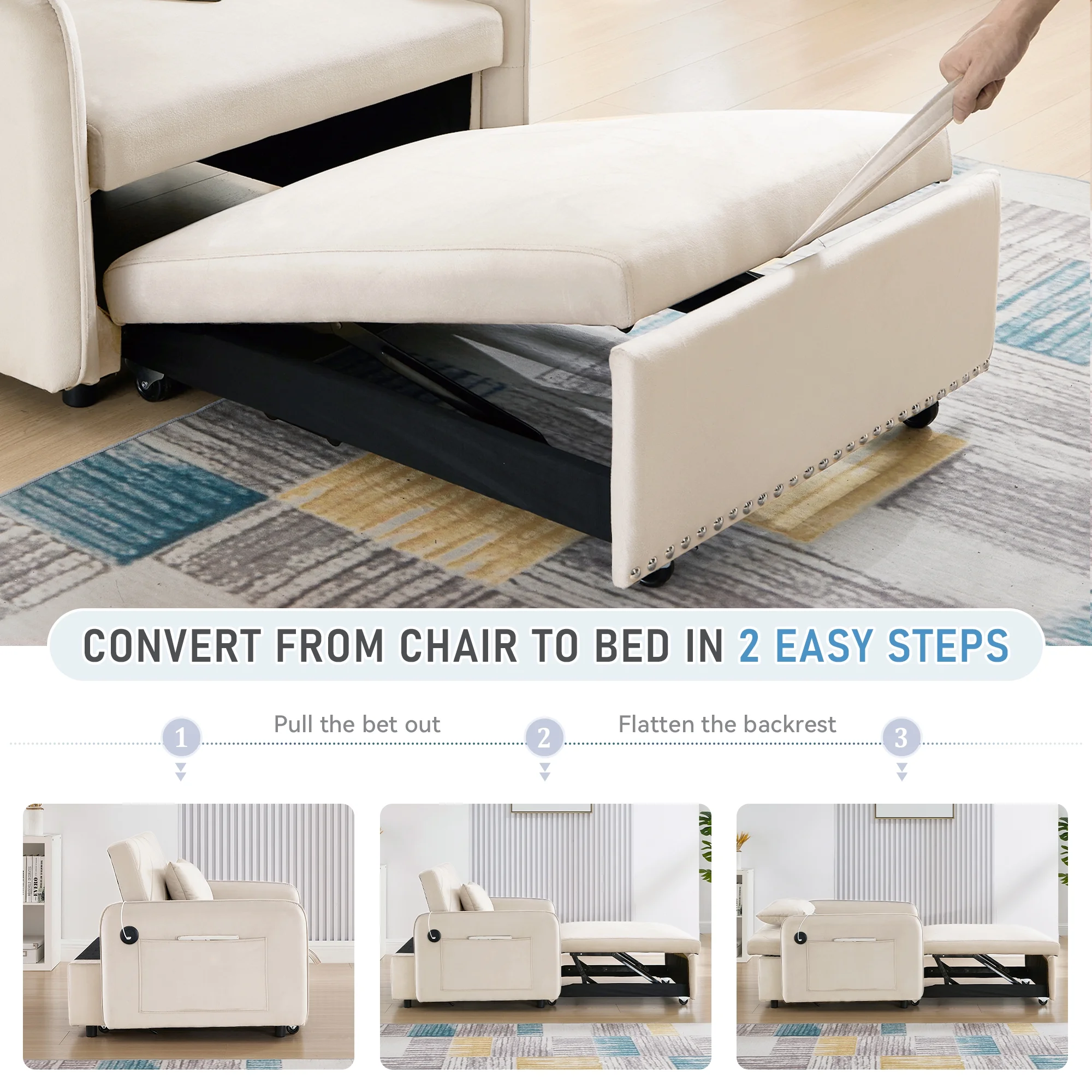 Lunale 3 - in - 1 Convertible Sleeper Chair Bed, Indoor Lounge Chair with USB/Type - C Charging Ports, Modern Recliner Sofa for Living Room, Gray Velvet