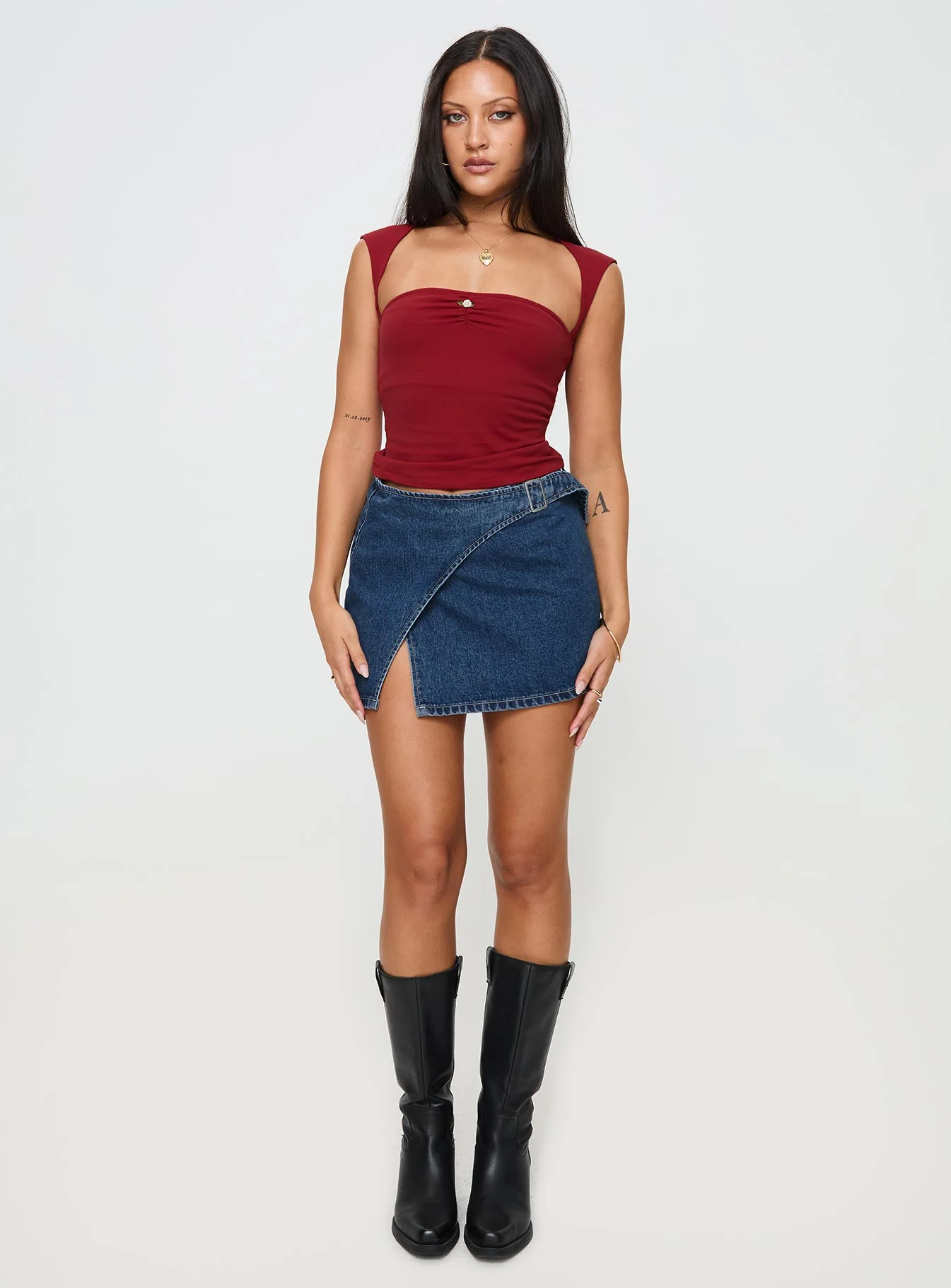 Wait Up Denim Wrap Mini Skirt Mid Wash
