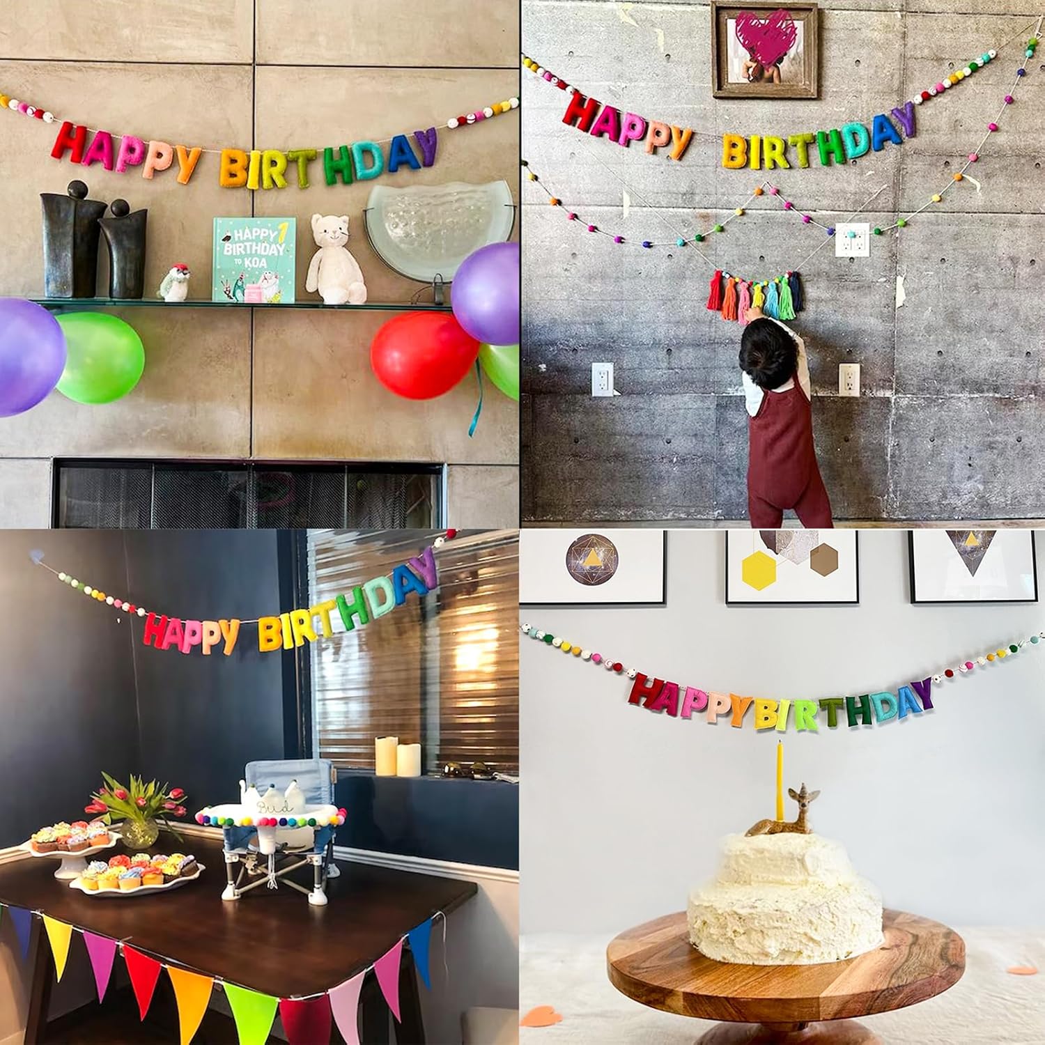 Pre-Strung Reusable Handmade Adjustable Distance Happy Birthday Felt Ball Banner Garland Rainbow Design for Kids Room Holiday