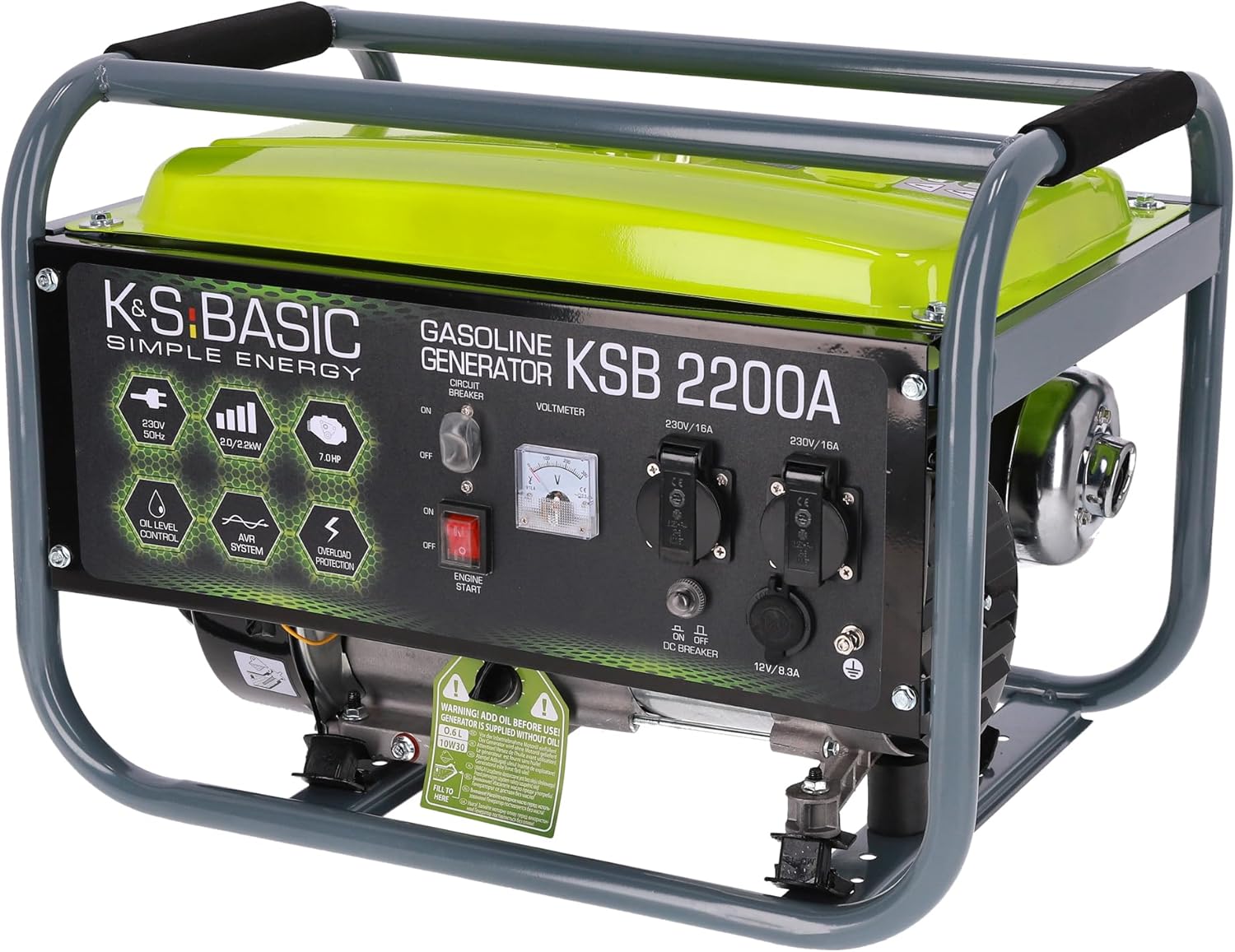 KSB 2200А - Generatore di corrente, motore a benzina a 4 tempi, 5,5 CV, in alluminio, con regolatore automatico di tensione (AVR), 2200 W 16 A, 230 V per uso domestico e ricreativo