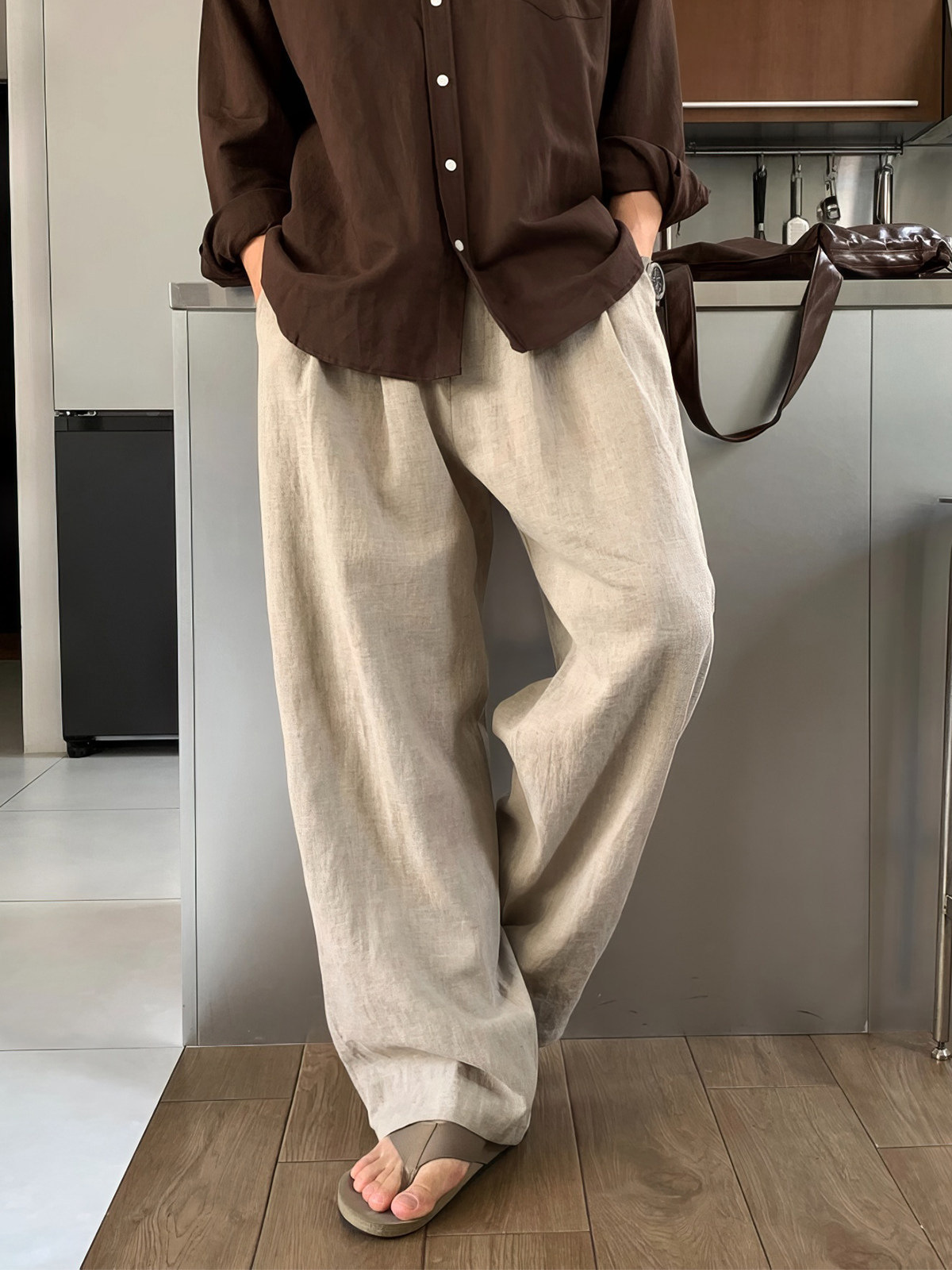 Khaki lightweight linen casual pants for men, summer travel, cotton-linen old money style straight-leg breathable long pants