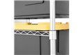 slide 4 of 10, zoom in, close up of the saferacks logo on the rail of a storage bin rack. a black bin with yellow lid is resting on the rail.
