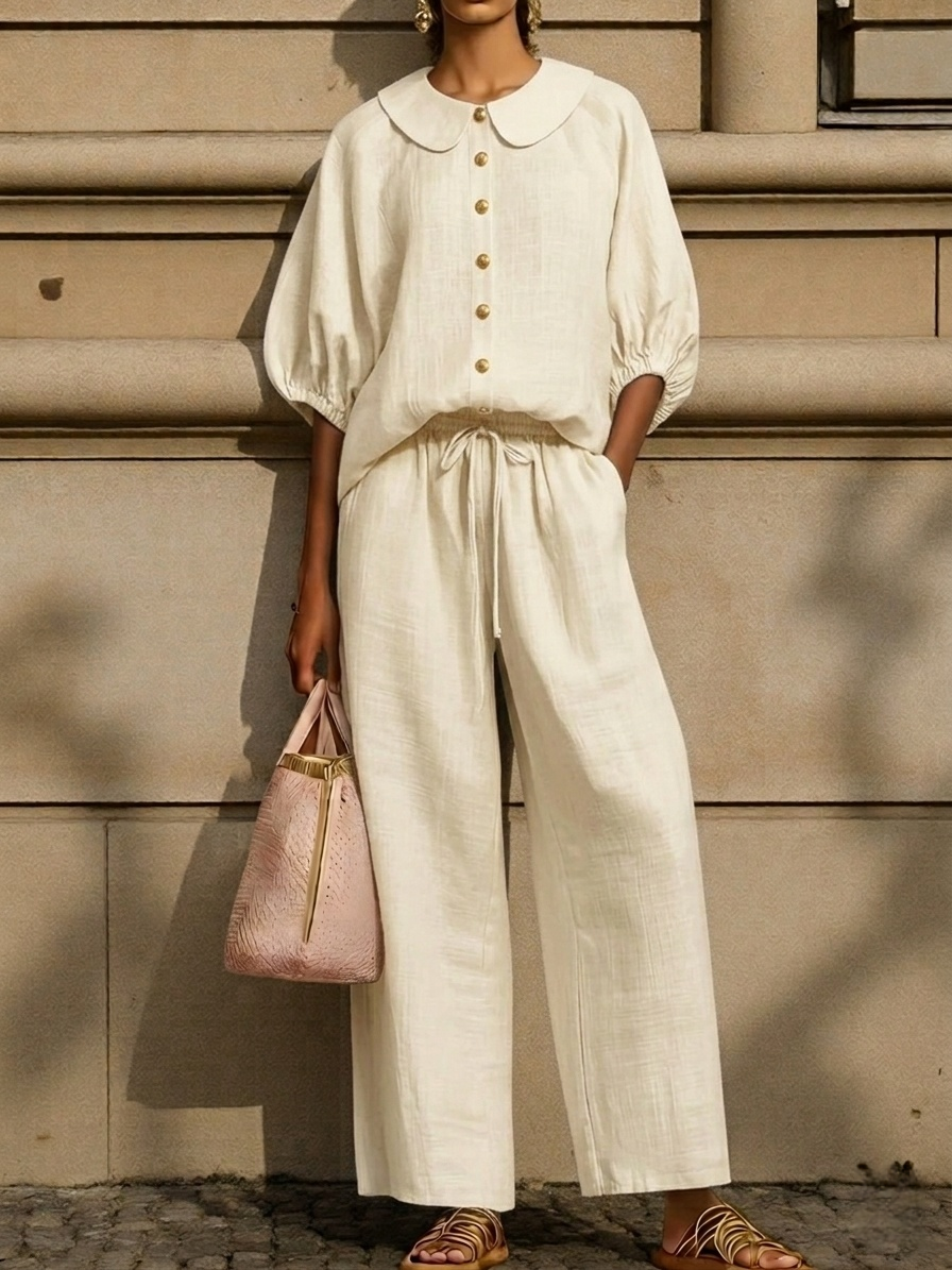 Plus Size Friendly New Arrivals🔥Stylish Peter Pan Collar Shirt And Wide-leg Pant Linen Two-piece Set - Nordfashionstorm - Women's Clothing, Fashion for You - Nordfashionstorm.com