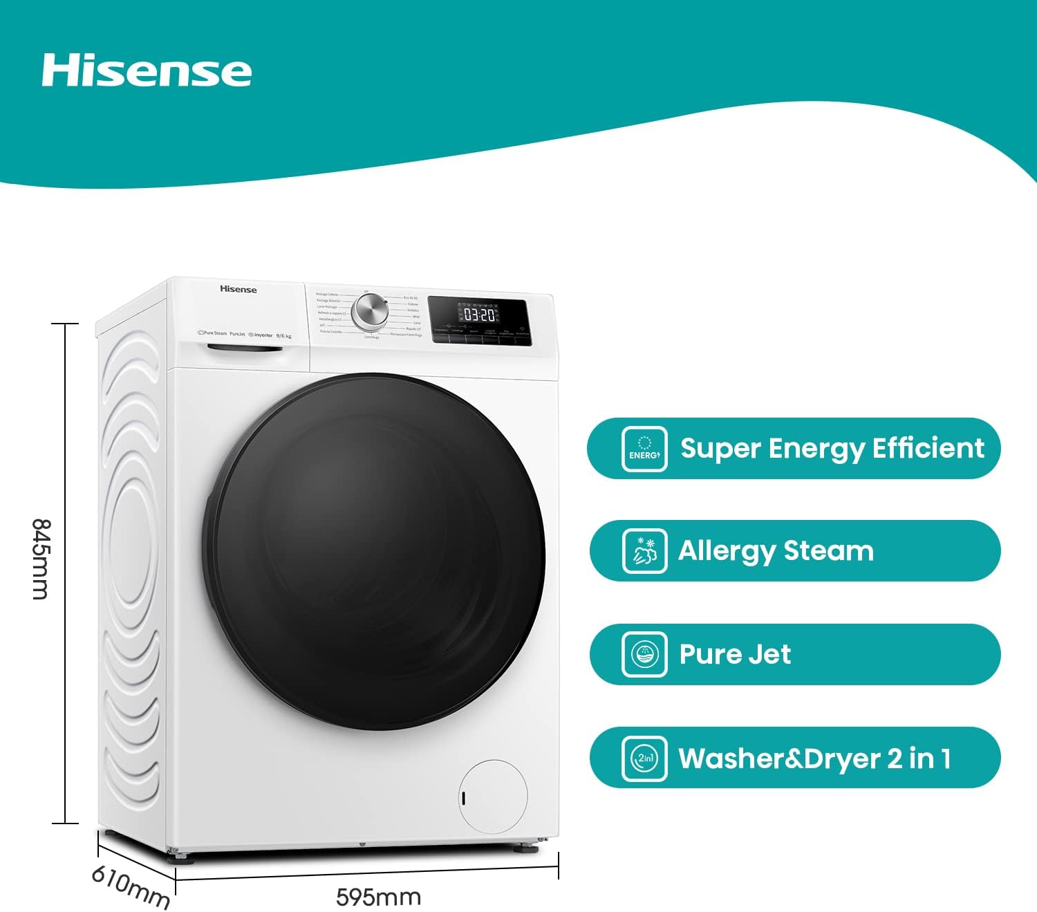 Hisense WDQA9014EVJM Lavasciuga 9+6 Kg, 1400 Rpm, 15 Programmi Automatici, Vapore, Motore Inverter, Classe Efficienza Energetica D, Classe Efficienza Lavaggio A, Display LED, Programma Rapido
