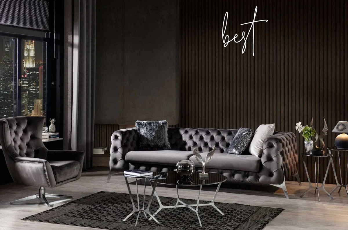 Luxury Chesterfield sofa gray / silver 240 x 100 x H. 72 cm - Living room sofa - Chesterfield living room furniture