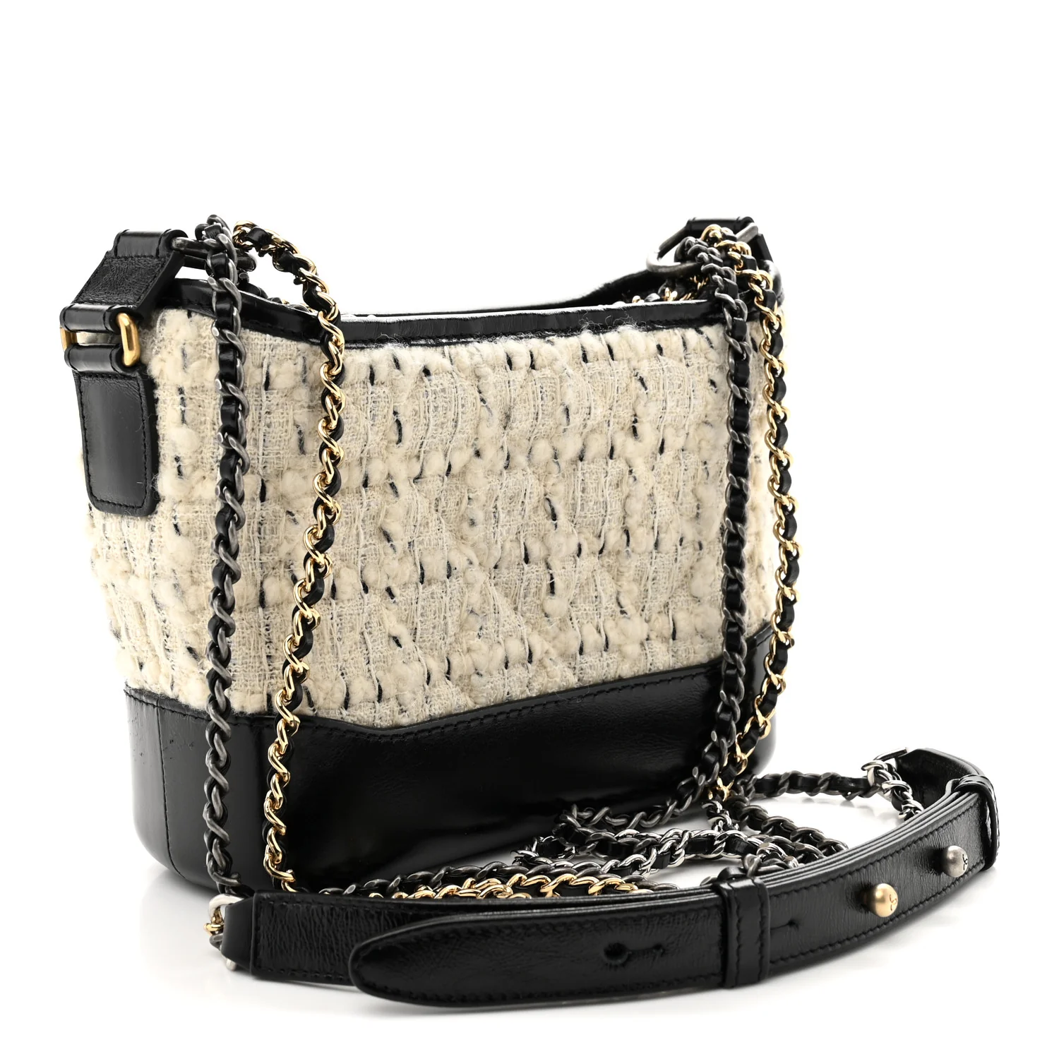 Tweed Calfskin Quilted Small Gabrielle Hobo Ivory Black - Top Club