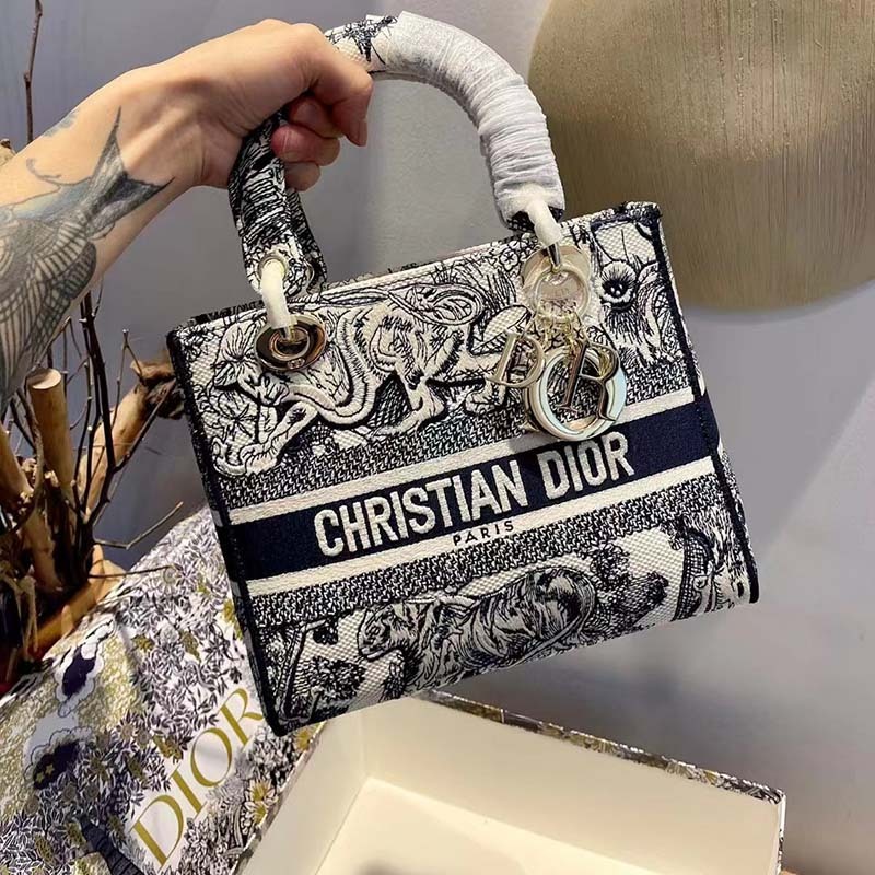 CD Women CD Medium Lady D-Lite Bag Blue Toile De Jouy Embroidery - Top Club