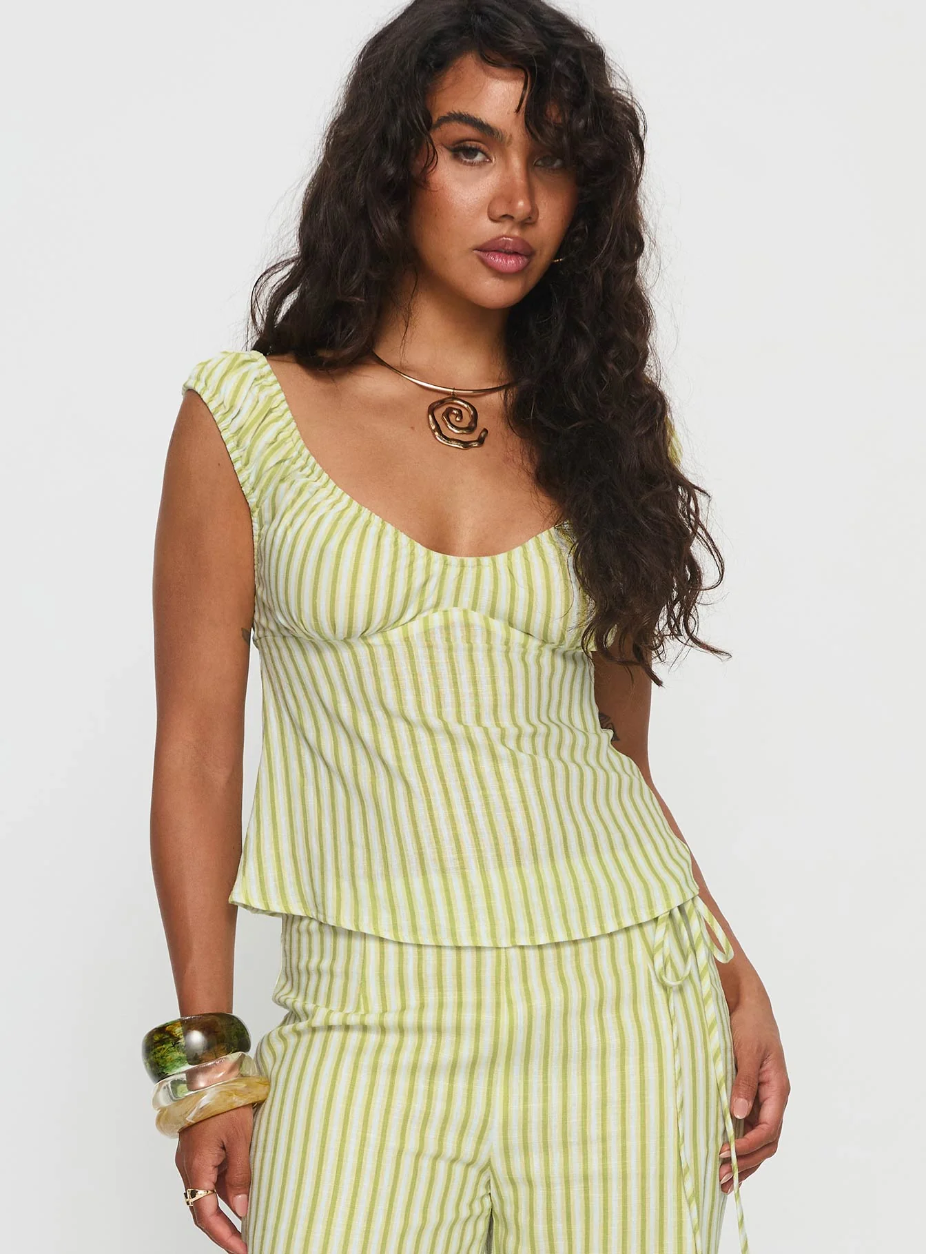 With Pleasure Puff Sleeve Linen Blouse Top Green / Blue Stripe