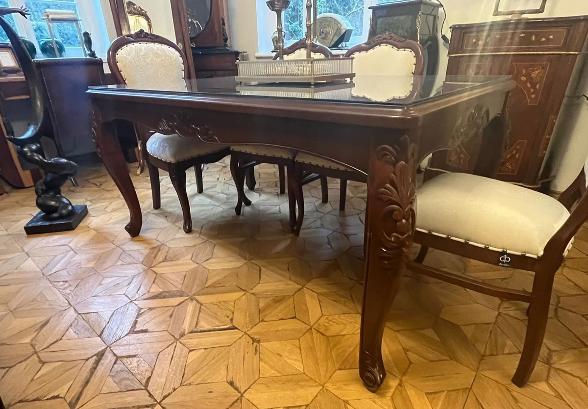 Luxury baroque dining table with glass top dark brown - handmade solid wood dining room table - luxury dining room furniture in baroque style - baroque furniture - baroque furnishings