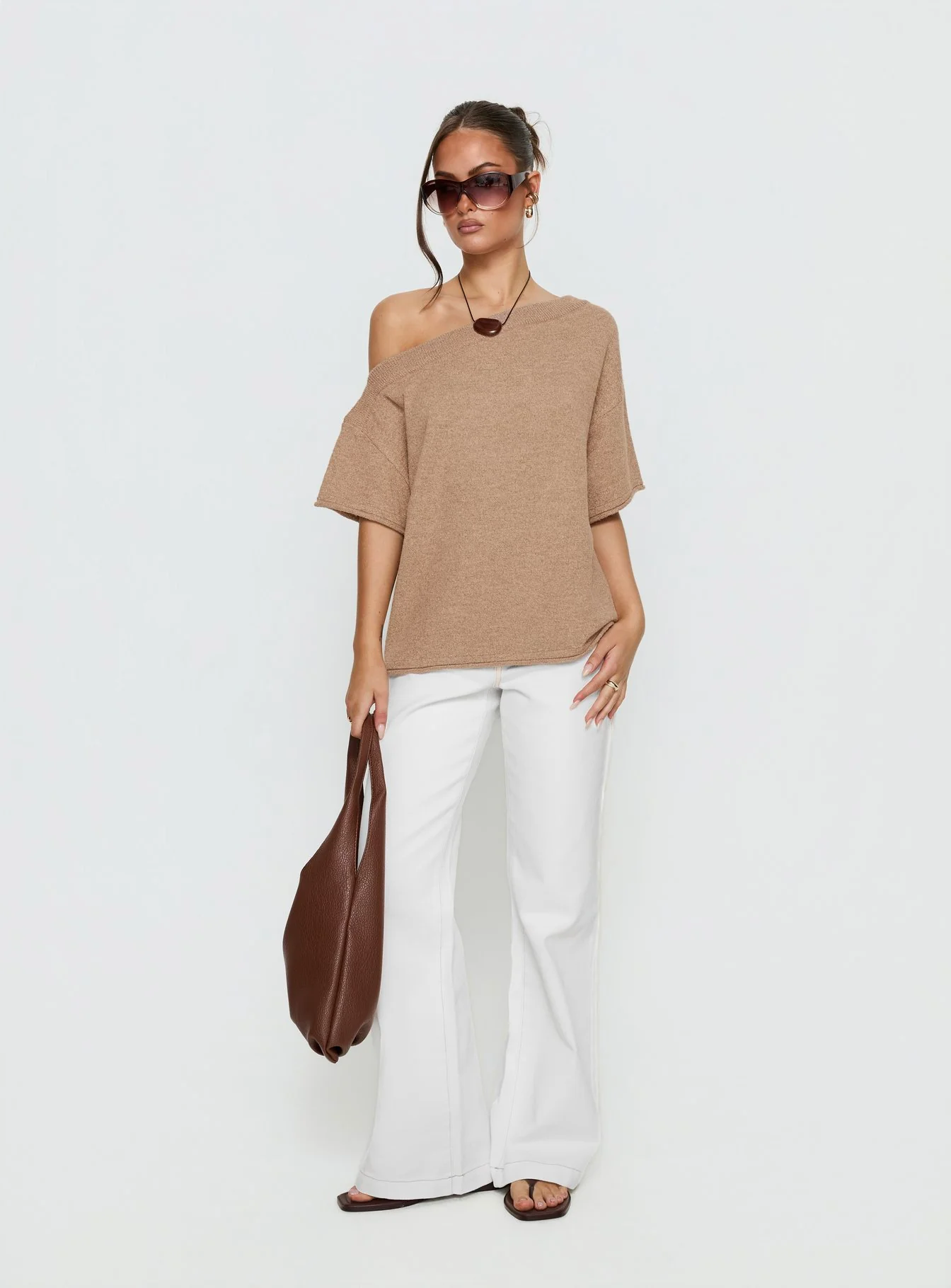 Kourta Off Shoulder Oversized Knit Top Mocha