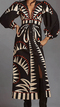Women's Cotton‑blend Black‑base Geometric‑print V‑neck Puff‑sleeve Waist‑cinched Slit Midi Dress - Nordfashionstorm - Women's Clothing, Fashion for You - Nordfashionstorm.com