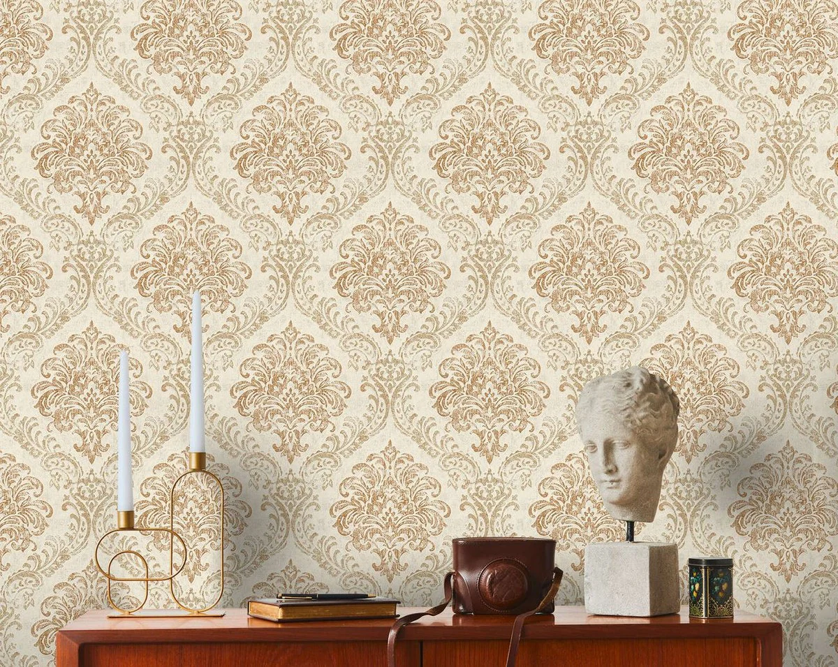 Barock Vliestapete Creme / Gold Metallic