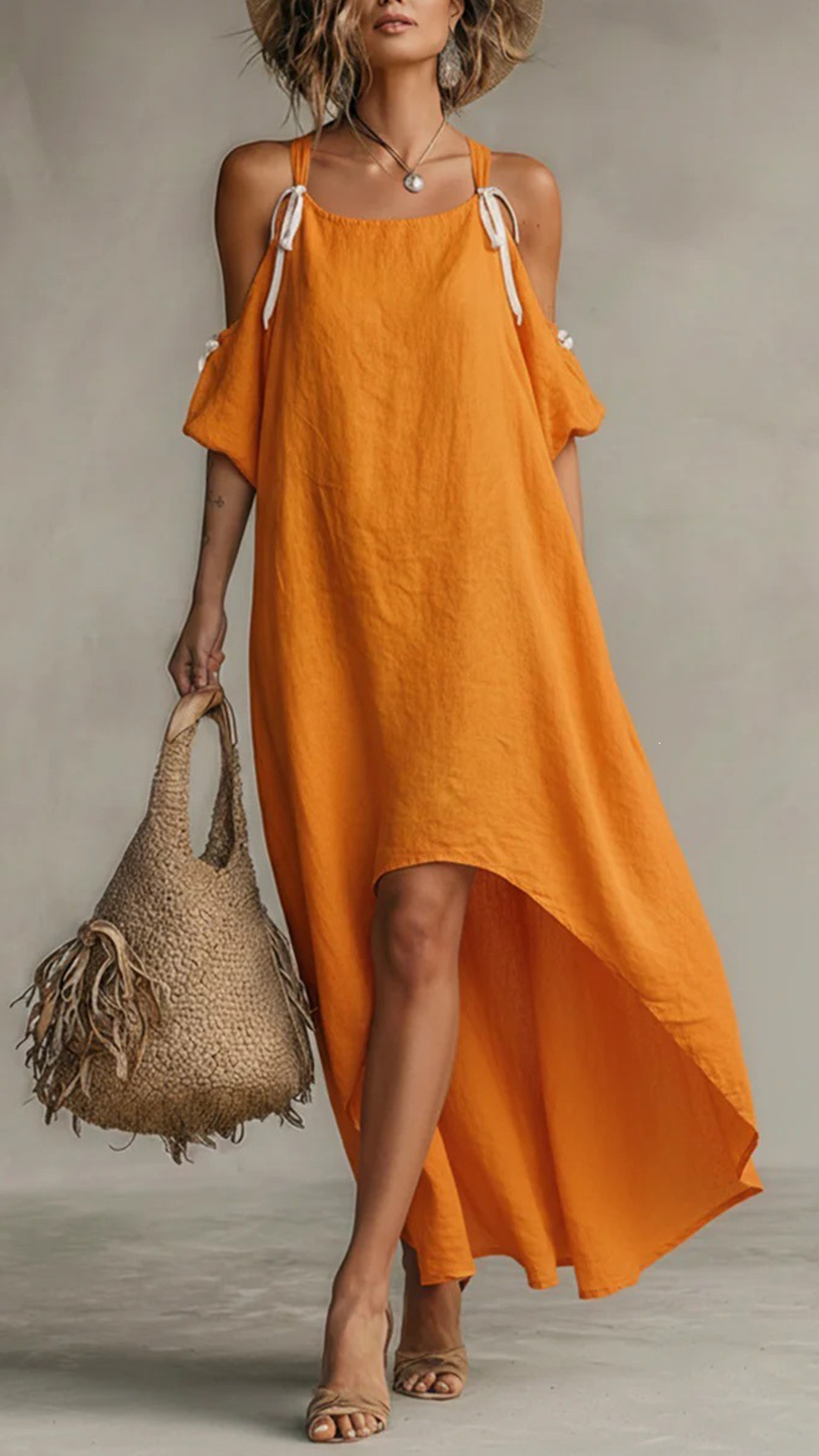 Women's Cotton‑blend Warm Orange Tie‑Strap Cold‑Shoulder Irregular‑Hem Midi Dress - Nordfashionstorm - Women's Clothing, Fashion for You - Nordfashionstorm.com