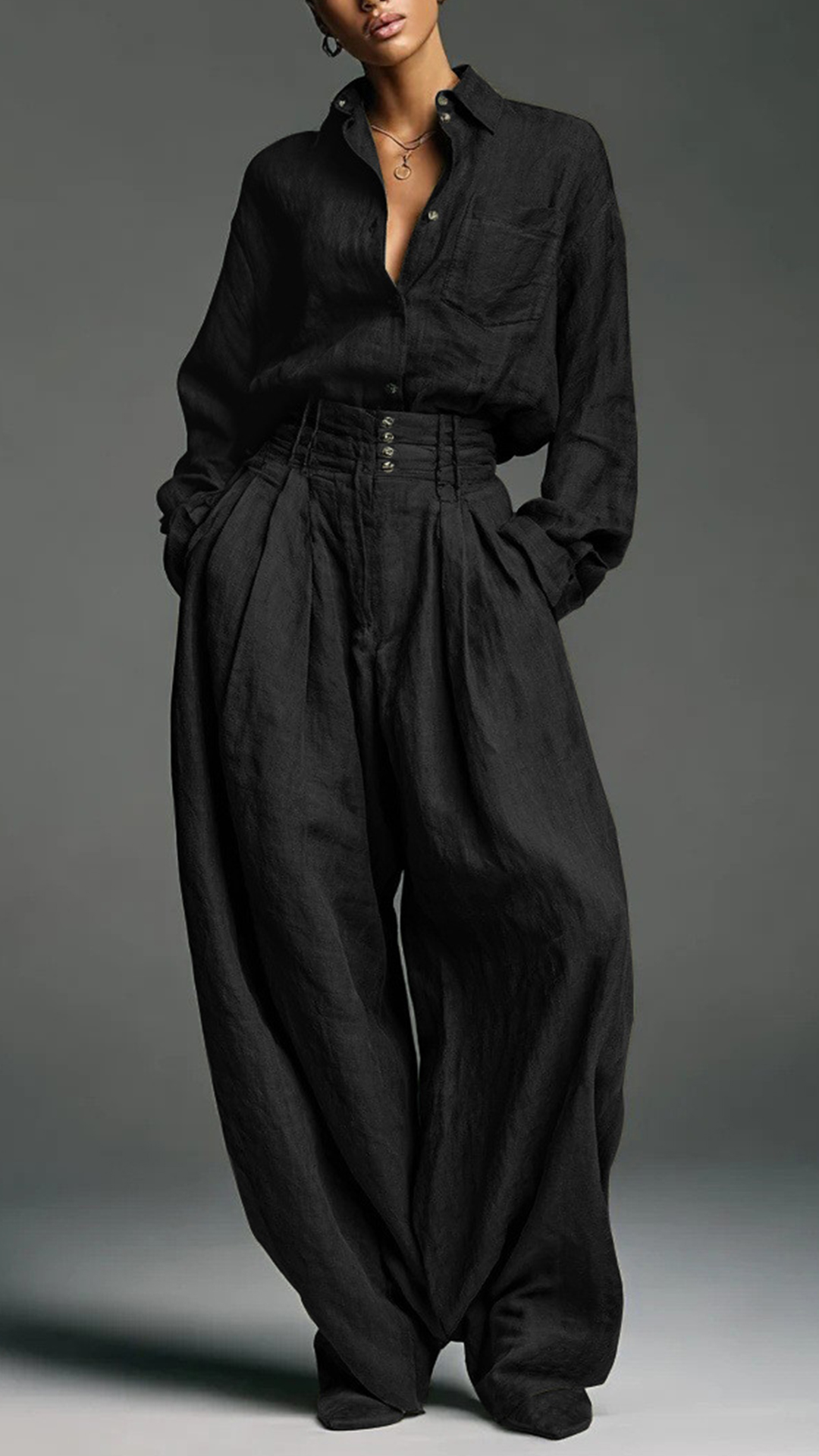 Women's Cotton-blend Lapel Long-sleeve Shirt & High-waist Wide-leg Pants Set - Nordfashionstorm - Women's Clothing, Fashion for You - Nordfashionstorm.com
