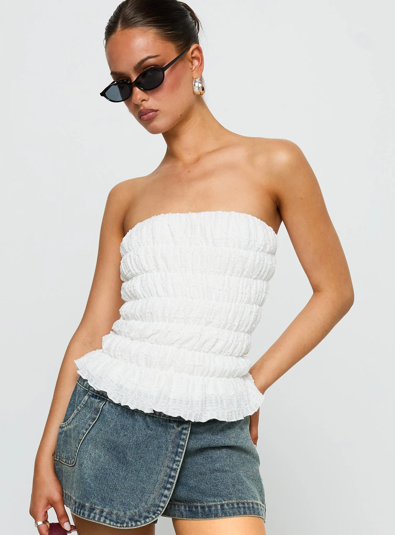 Flashbloom Strapless Ruched Top White