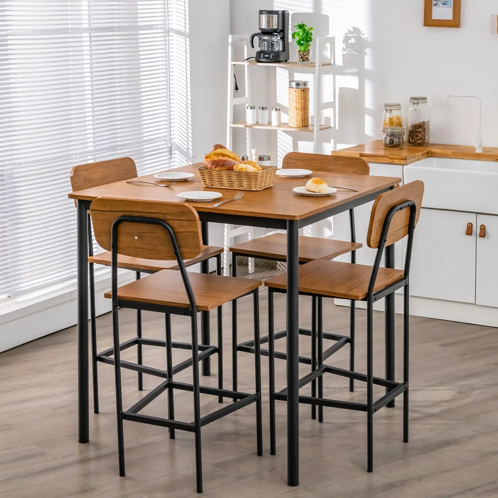 BEFOUNDLOVELY 5 Piece Dining Table Set with Counter Height Table & 4 Bar Stools