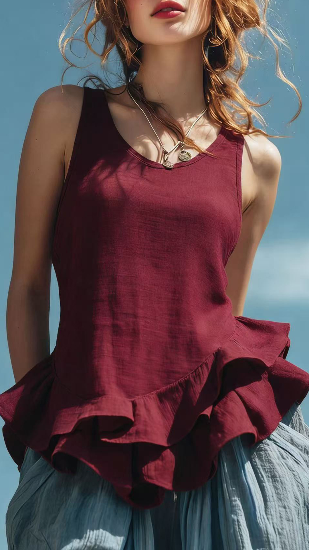 Women's Cotton‑blend U‑neck Sleeveless Ruffle Waist‑cinched Top - Nordfashionstorm - Women's Clothing, Fashion for You - Nordfashionstorm.com