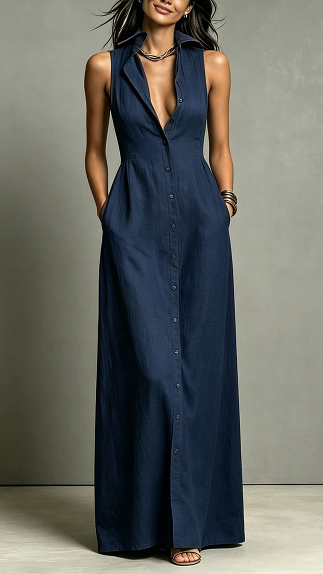 Women's Cotton‑blend Collared Sleeveless Single‑breasted Waist‑cinched Maxi Dress - Nordfashionstorm - Women's Clothing, Fashion for You - Nordfashionstorm.com