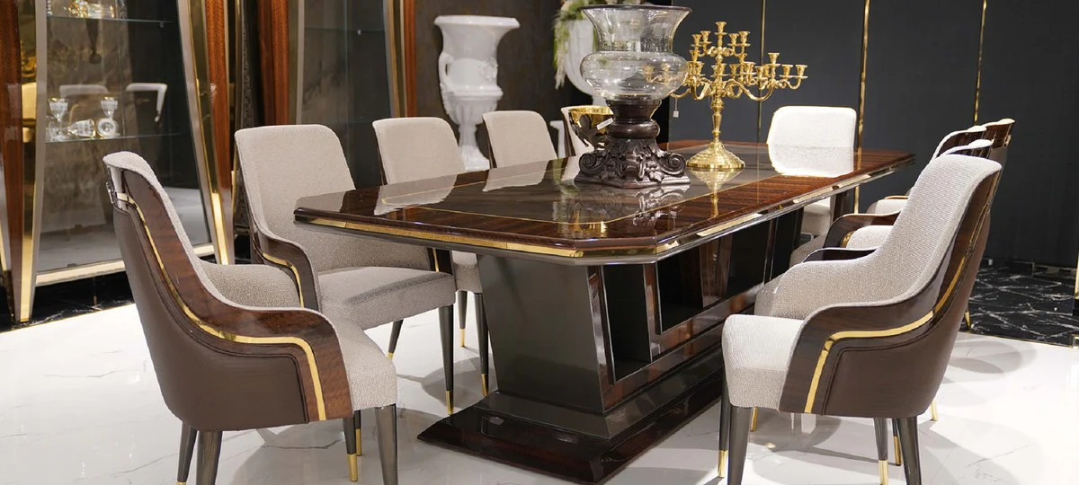Luxury Dining Room Set Gray / Brown / Gold - 1 Dining Table & 10 Dining Chairs - Luxury Dining Room Furniture - Luxury Quality