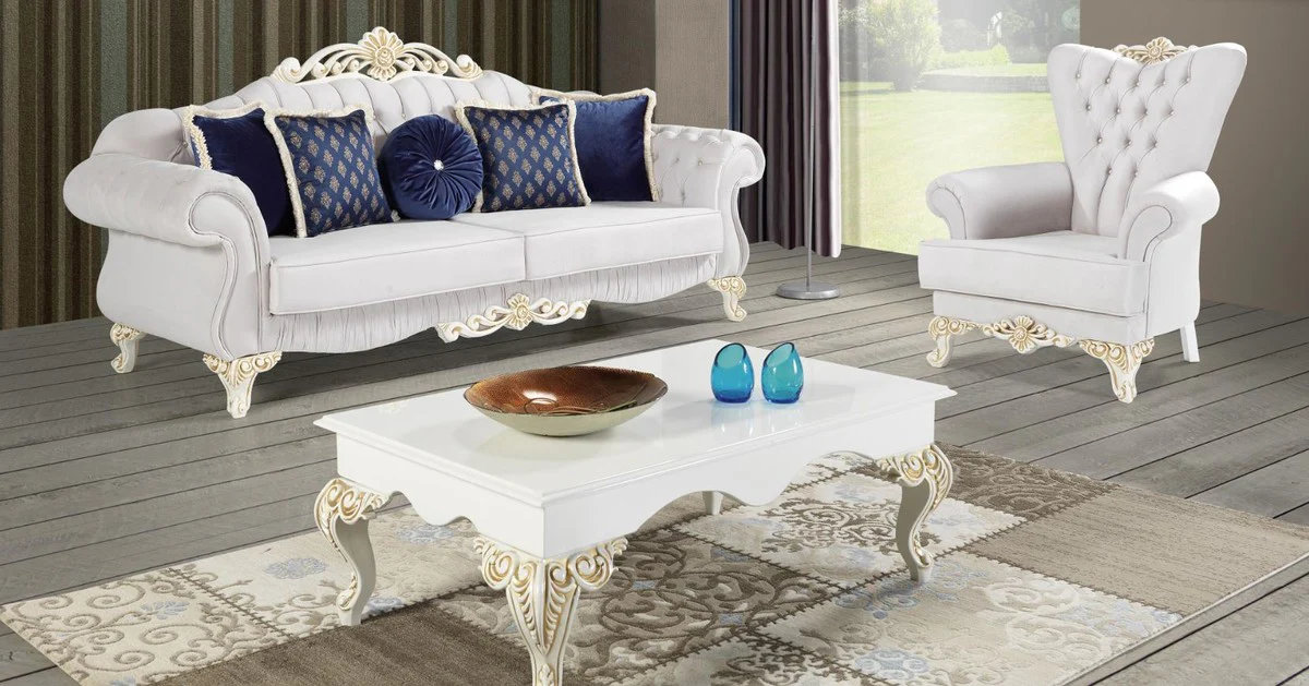Baroque living room set light gray / white / cream / gold - 2 sofas & 2 armchairs & 1 coffee table - noble living room furniture in baroque style