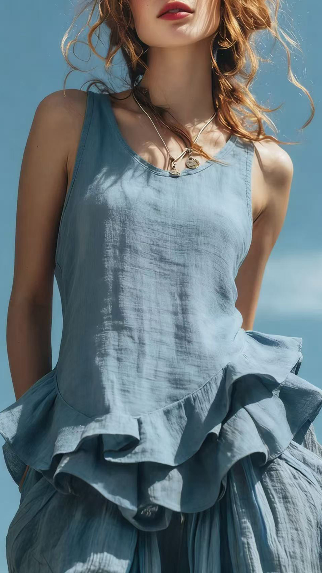 Women's Cotton‑blend U‑neck Sleeveless Ruffle Waist‑cinched Top - Nordfashionstorm - Women's Clothing, Fashion for You - Nordfashionstorm.com
