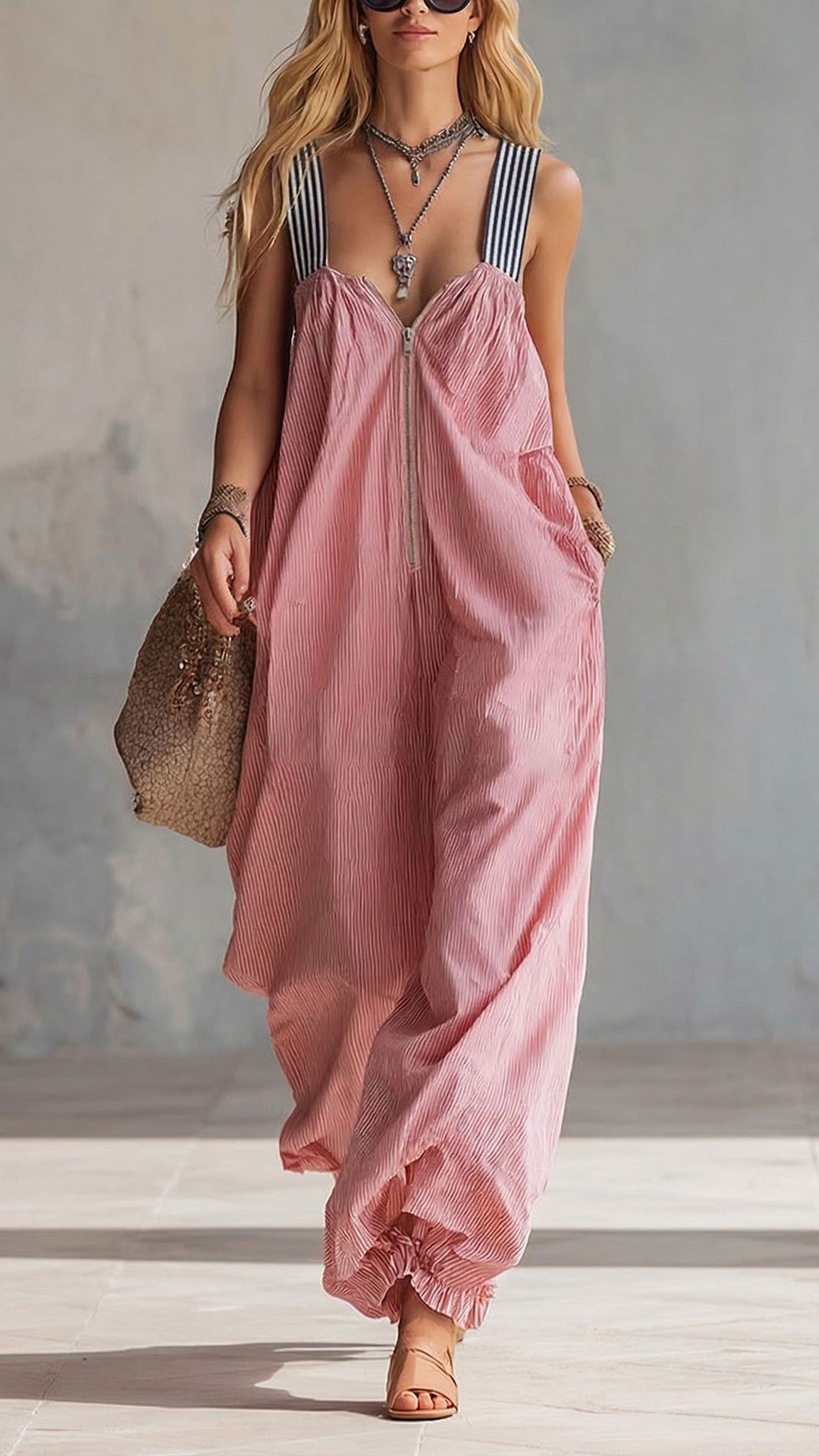 Women's Cotton‑blend Pink Fine‑striped Contrast‑strap Zip‑up Loose Jumpsuit - Nordfashionstorm - Women's Clothing, Fashion for You - Nordfashionstorm.com