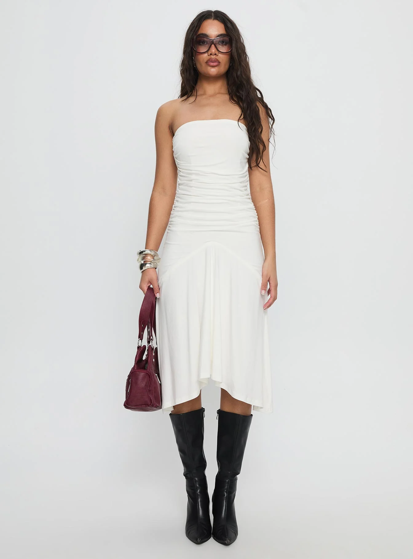 Rienna Strapless Asymmetrical Midi Dress White