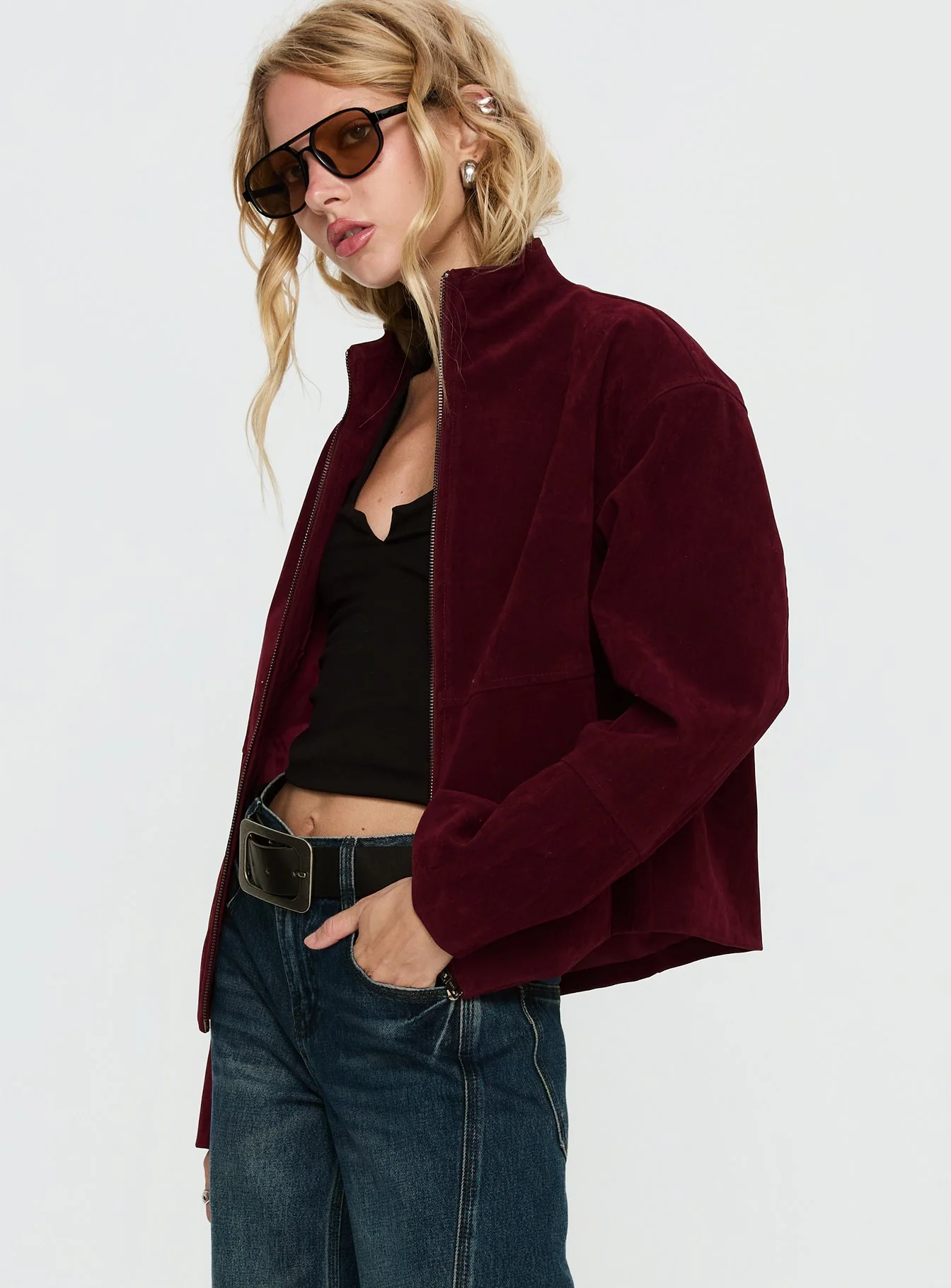 Jessalynn Faux Suede Zip Through Jacket Burgundy