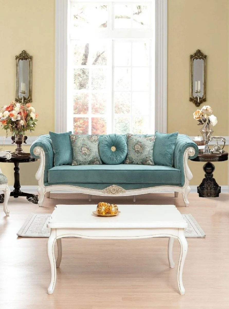 Luxury baroque living room set turquoise / green / white - 2 sofas & 2 armchairs with pattern & 1 coffee table - living room furniture in baroque style - noble & magnificent