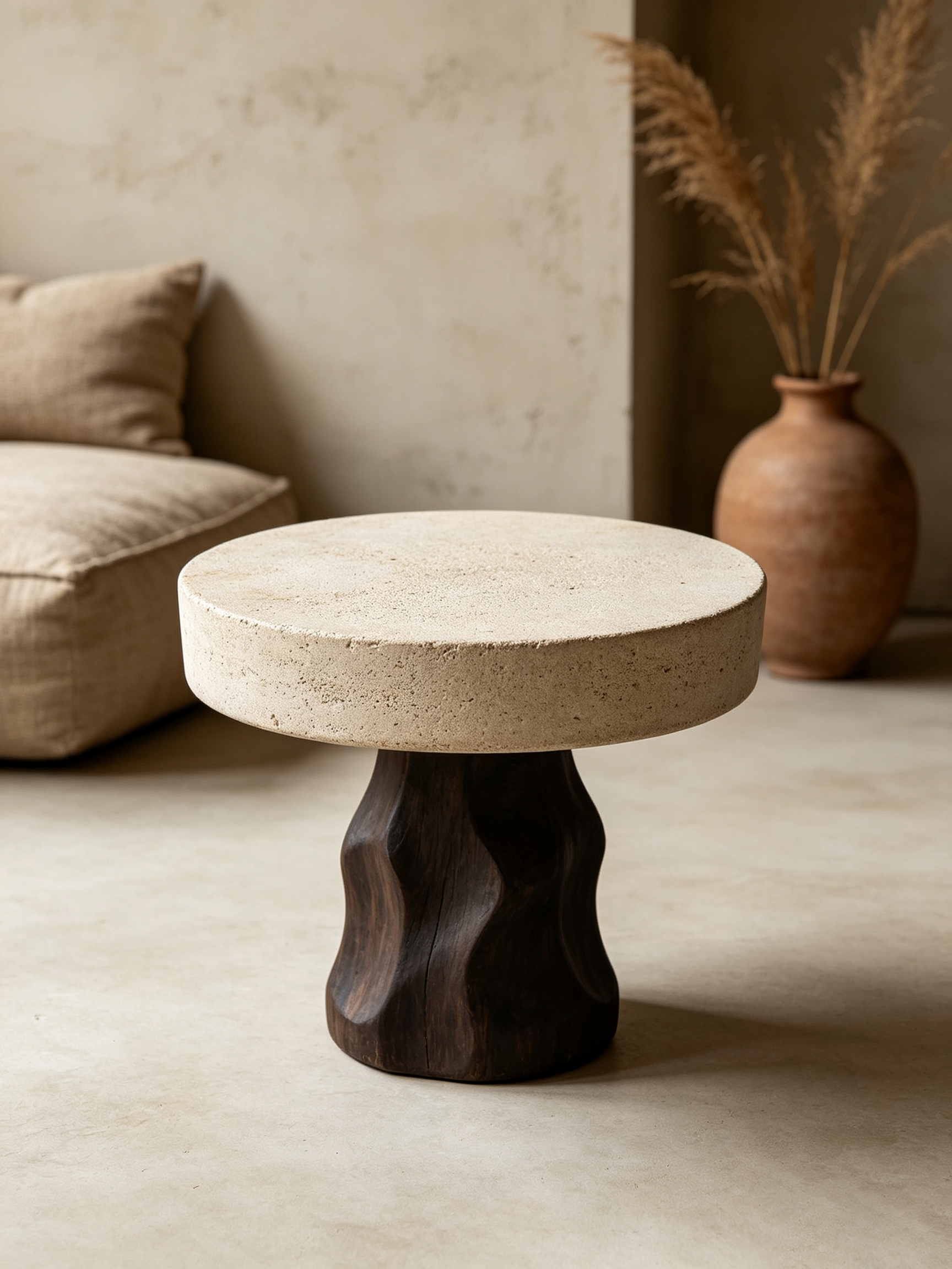 Round Stone Top Side Table with Carved Wood Pedestal