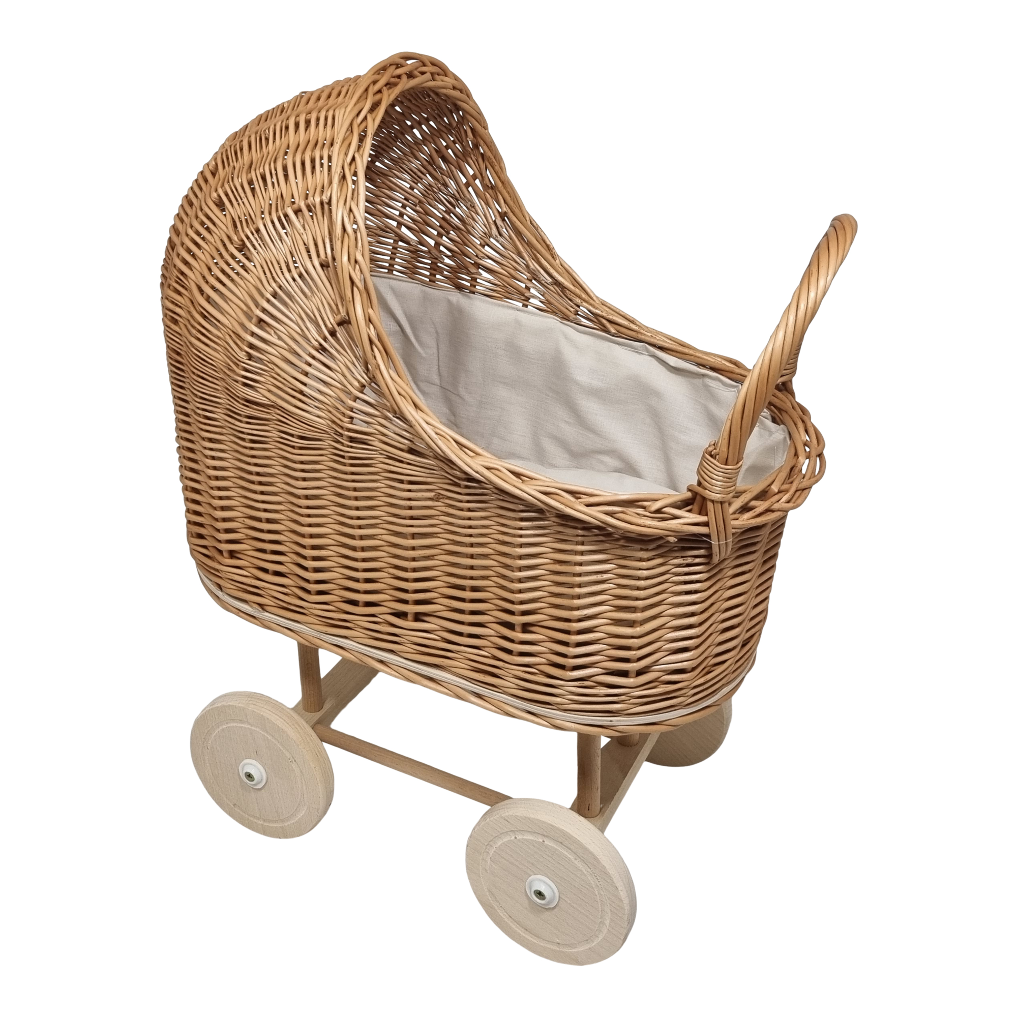 Poppenwagen Riet Crème beige bekleding met kussentjes