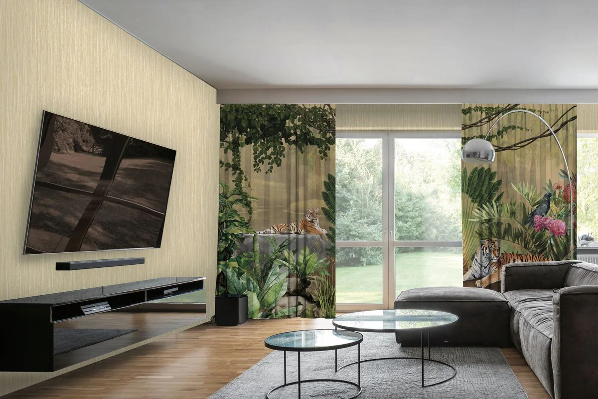 Luxury Curtain Set Jungle & Tiger Multicolored 250 x H. 290 cm - Printed Linen & Velvet Curtains - Eyelet Curtains - Sliding Curtains - Living Room Bedroom Curtains