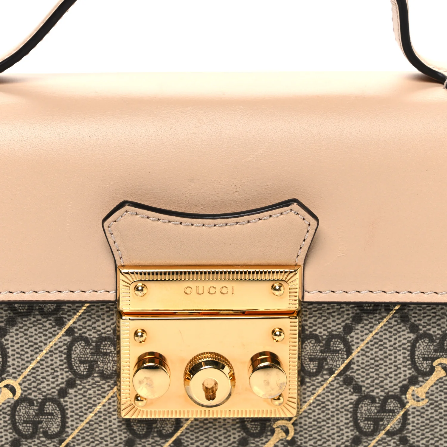 GG Supreme Monogram Calfskin Horsebit Print Mini Padlock Top Handle Shoulder Bag Beige Ebony Light Pink - Top Club