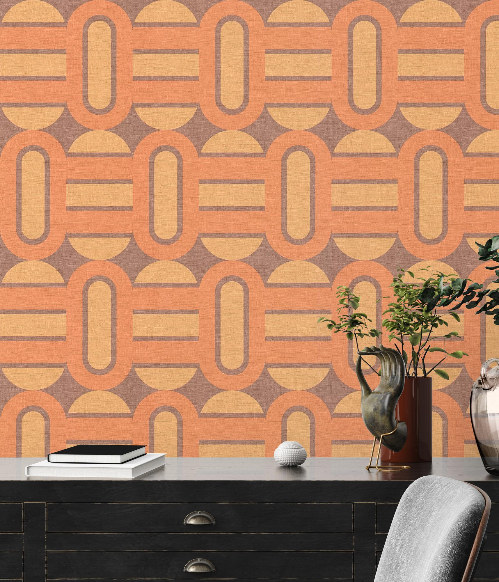 Vliesbehang retro versierd met ovalen en balken in warme kleuren – bruin, geel, oranje Retro vliesbehang versierd met ovalen en balken in warme kleuren – bruin, geel, oranje #1