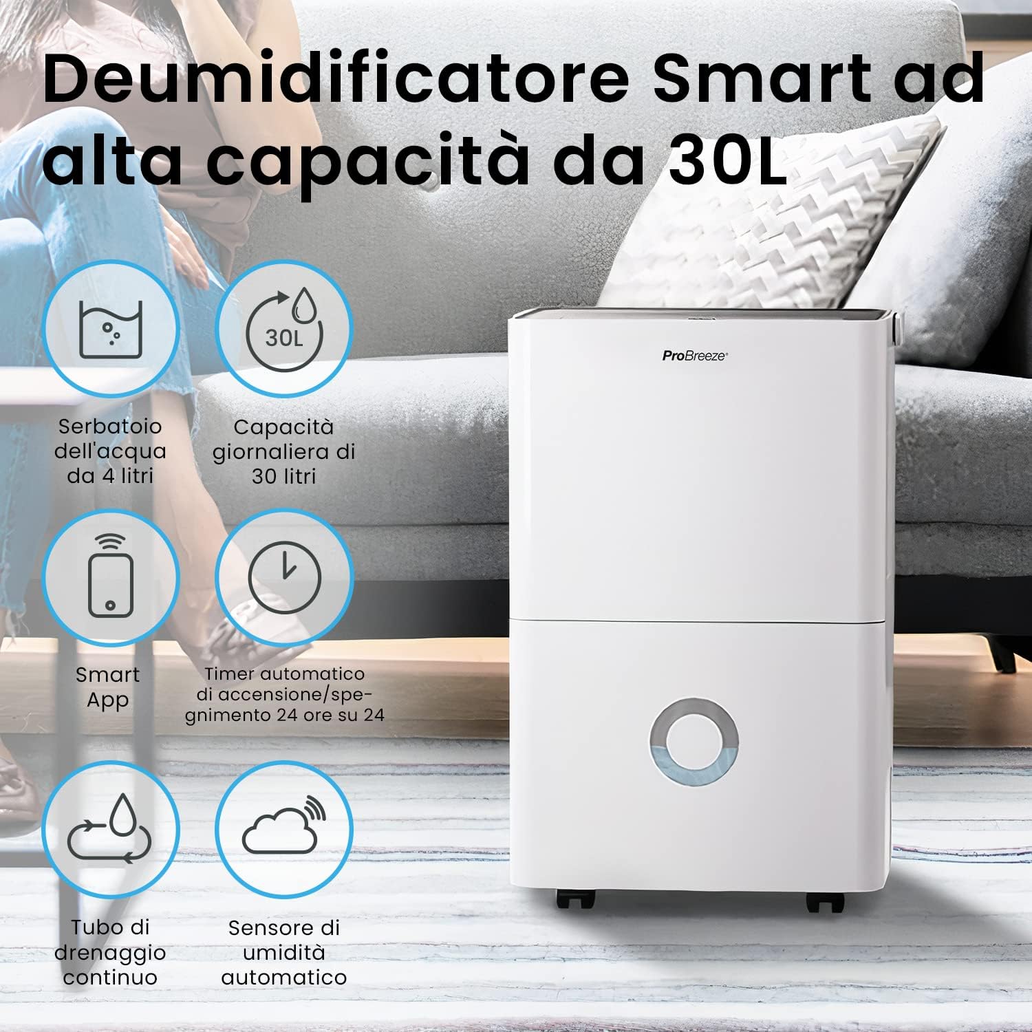 Pro Breeze Deumidificatore 30L/giorno, display digitale 'umidità, Drenaggio continuo, Timer 24 ore, Funzione di sbrinamento automatico - Ideale per umidità e condensa