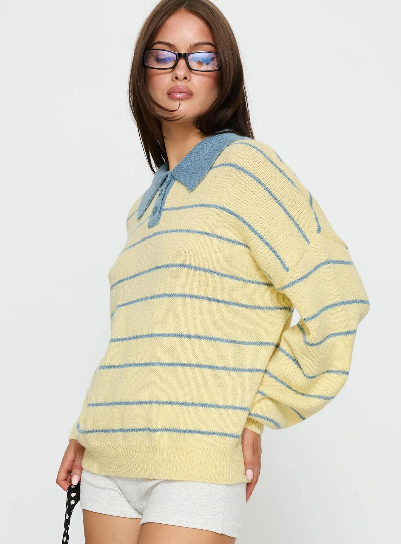 Minda Collared Knit Sweater Yellow Stripe