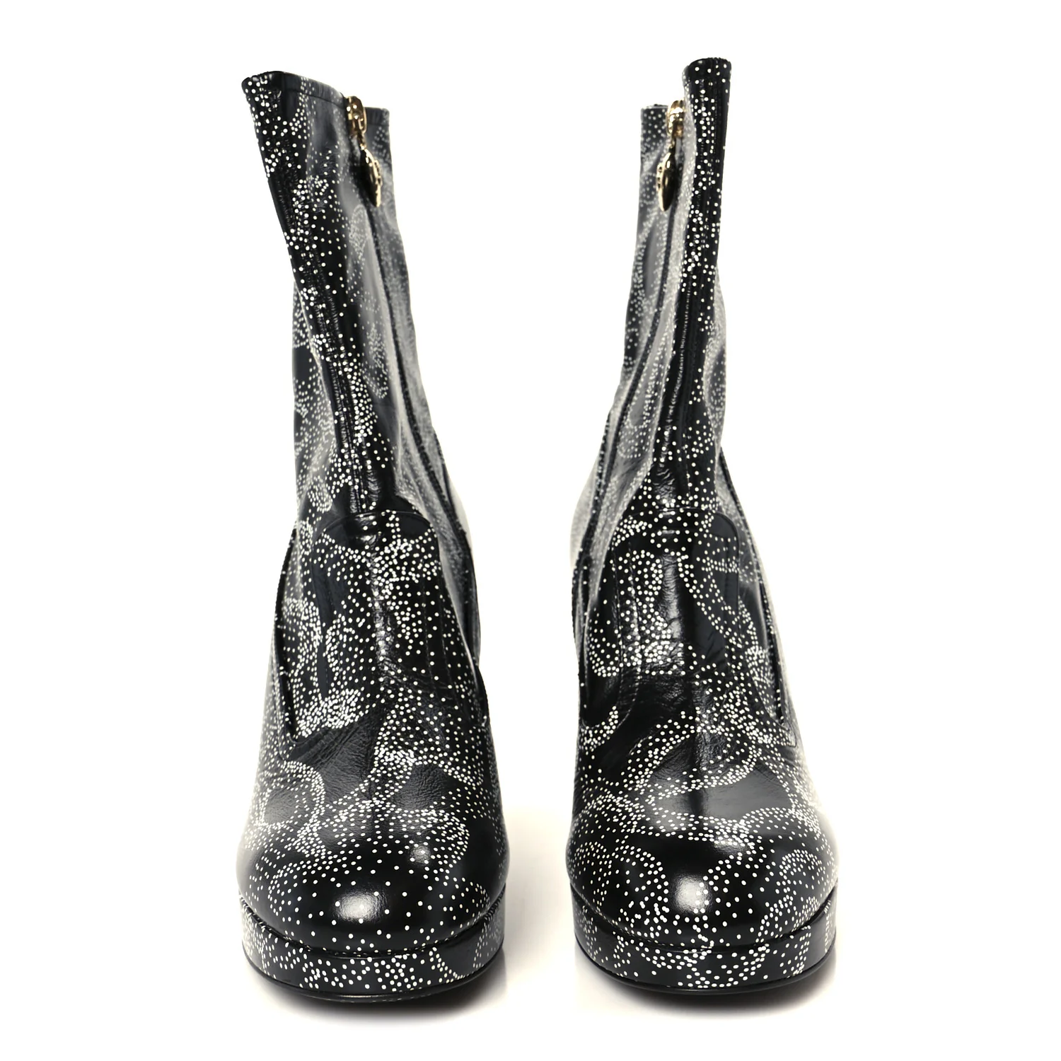Calfskin Camellia Printed Ankle Boots 39 Black White - Top Club