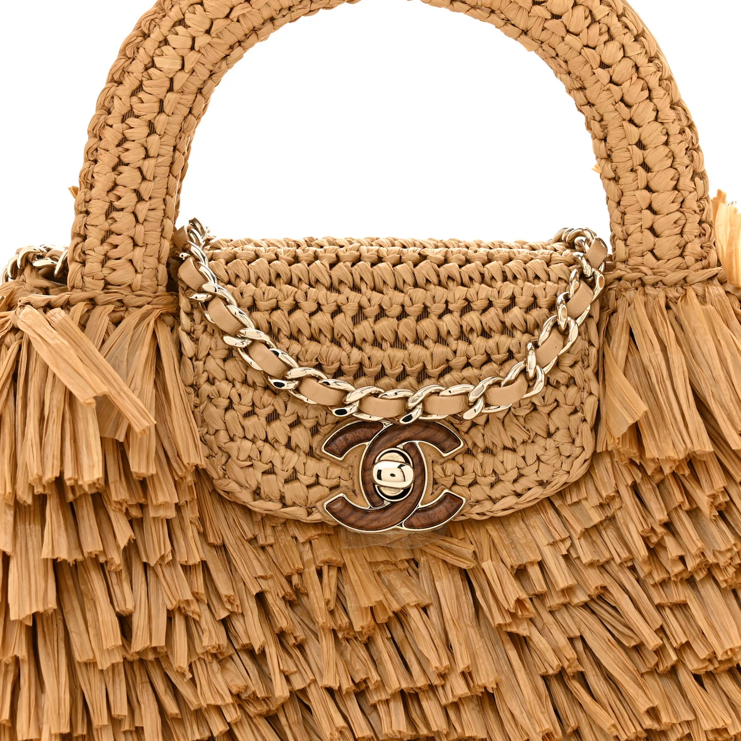 Raffia Fringe Nano Kelly Shopper Dark Beige - Top Club