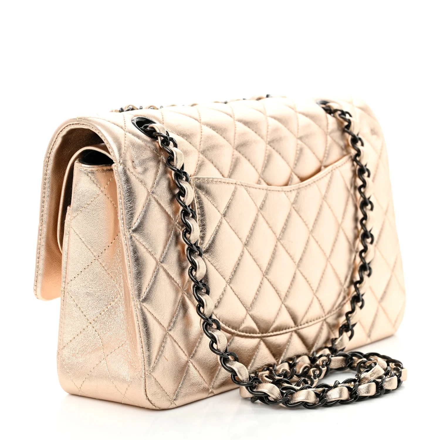 Metallic Lambskin Quilted Medium Double Flap Gold Black - Top Club