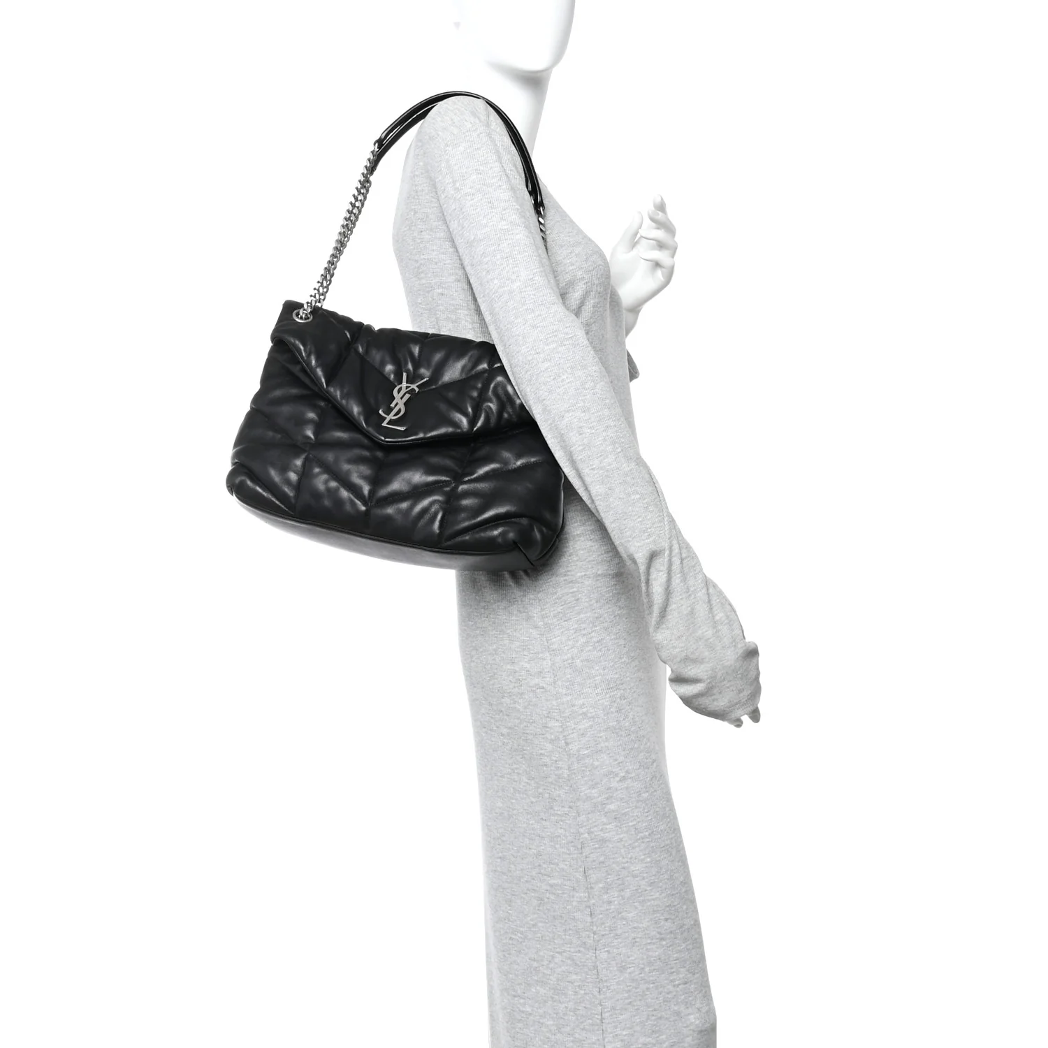 Lambskin Quilted Medium Loulou Puffer Monogram Chain Satchel Black