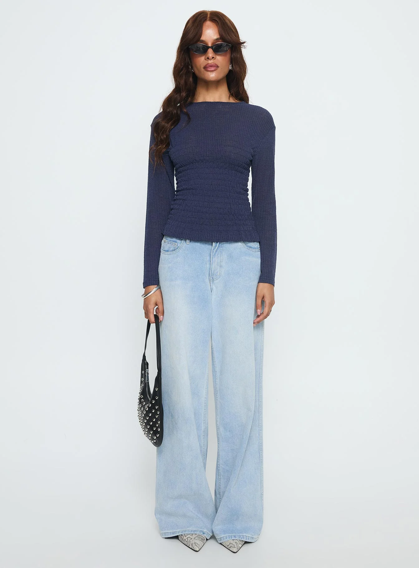 Bradly Shirred Long Sleeve Top Navy