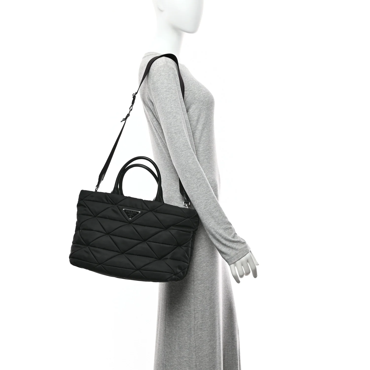 Re-Nylon Nappa Triangle Quilted Padded Medium Double Handled Zip Tote Black