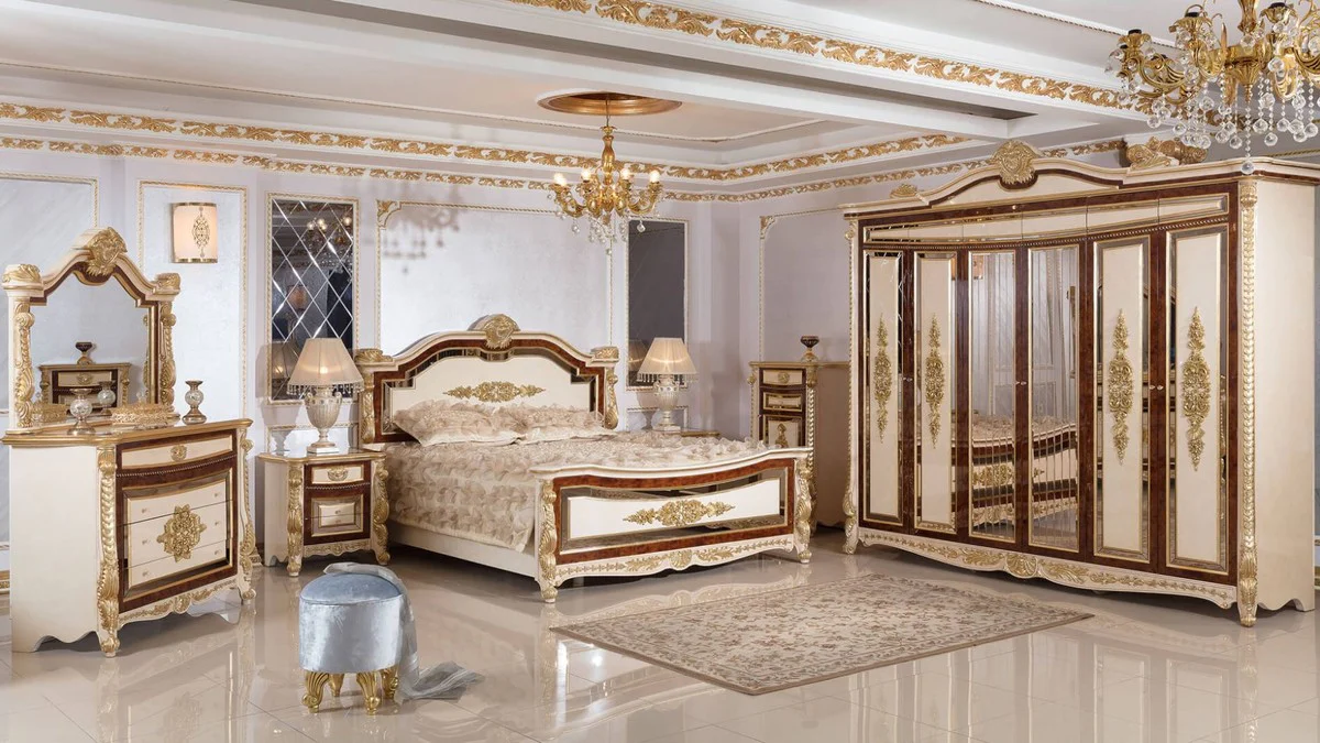 Luxury Baroque Bedroom Set White / Beige / Brown / Gold - 1 Baroque Double Bed with Headboard & 2 Baroque Nightstands - Luxury Bedroom Furniture in Baroque Style - Baroque Furniture