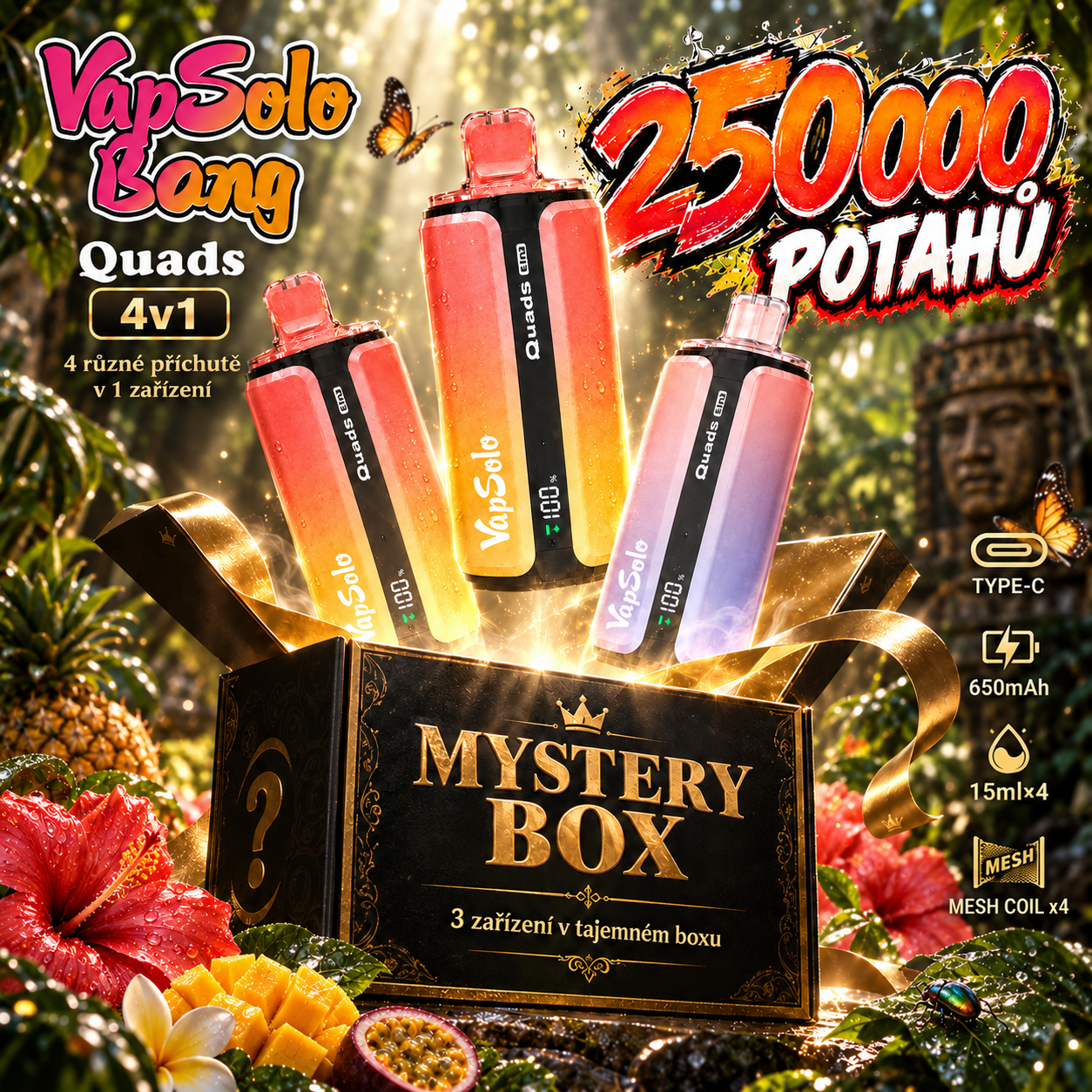 3 ks🎁Mystery Box🎁 – VAPSOLO-BANG KING 250 000 Potahů Quads 4v1 Příchutě​