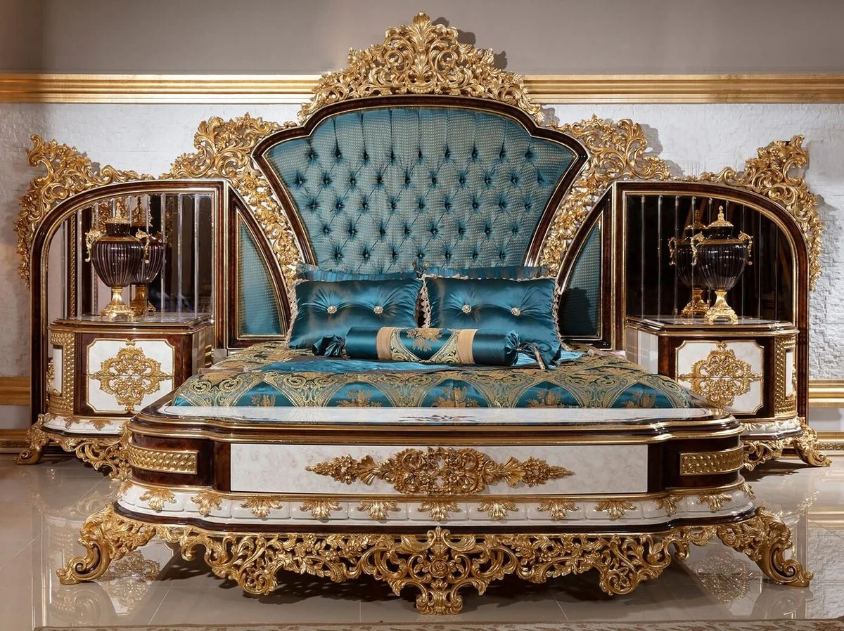 Luxury baroque bedroom set blue / white / brown / gold - 1 double bed with headboard & 2 bedside chests - bedroom furniture in baroque style - noble and magnificent