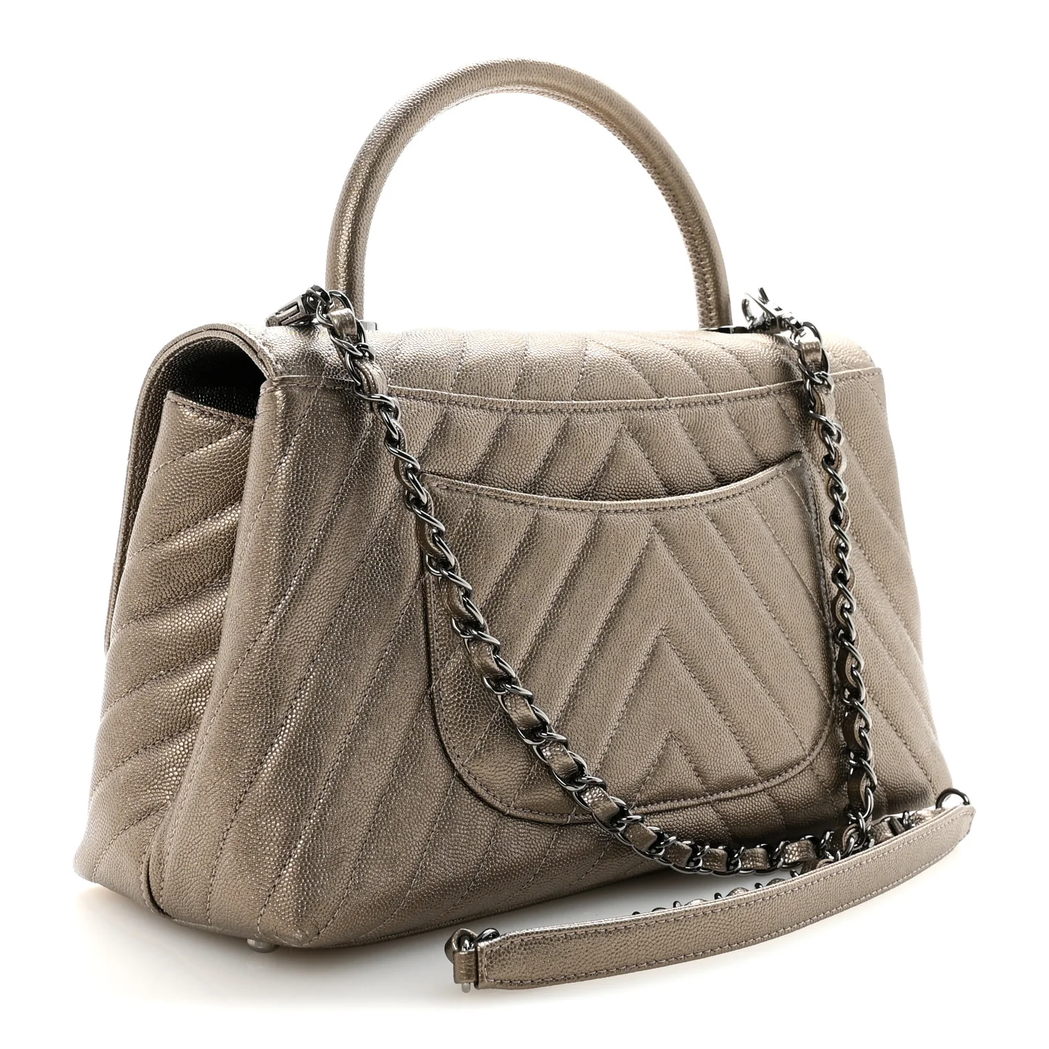 Metallic Caviar Chevron Quilted Small Coco Handle Flap Light Gold - Top Club
