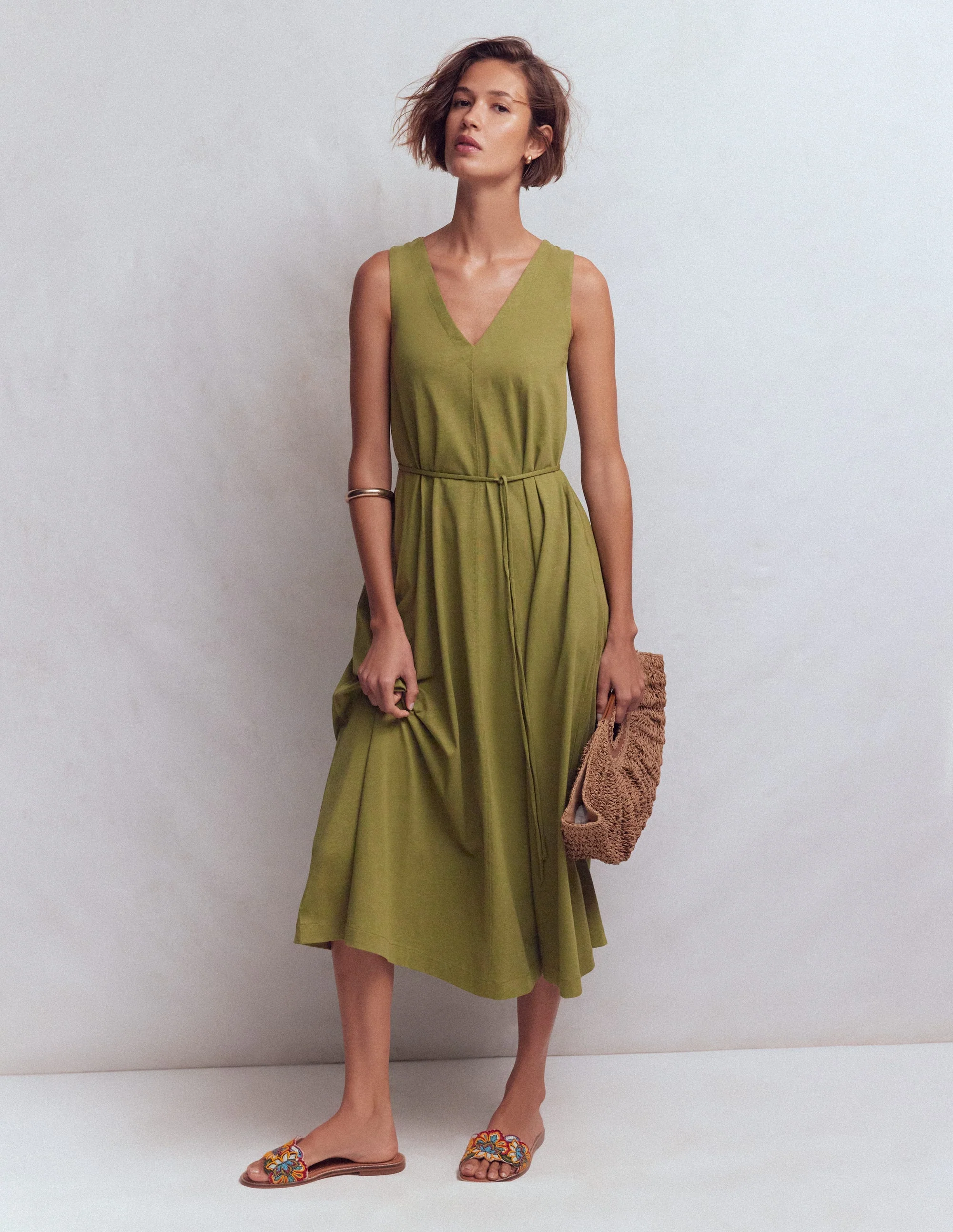 Mia Jersey-Midikleid mit V-Ausschnitt-Olive