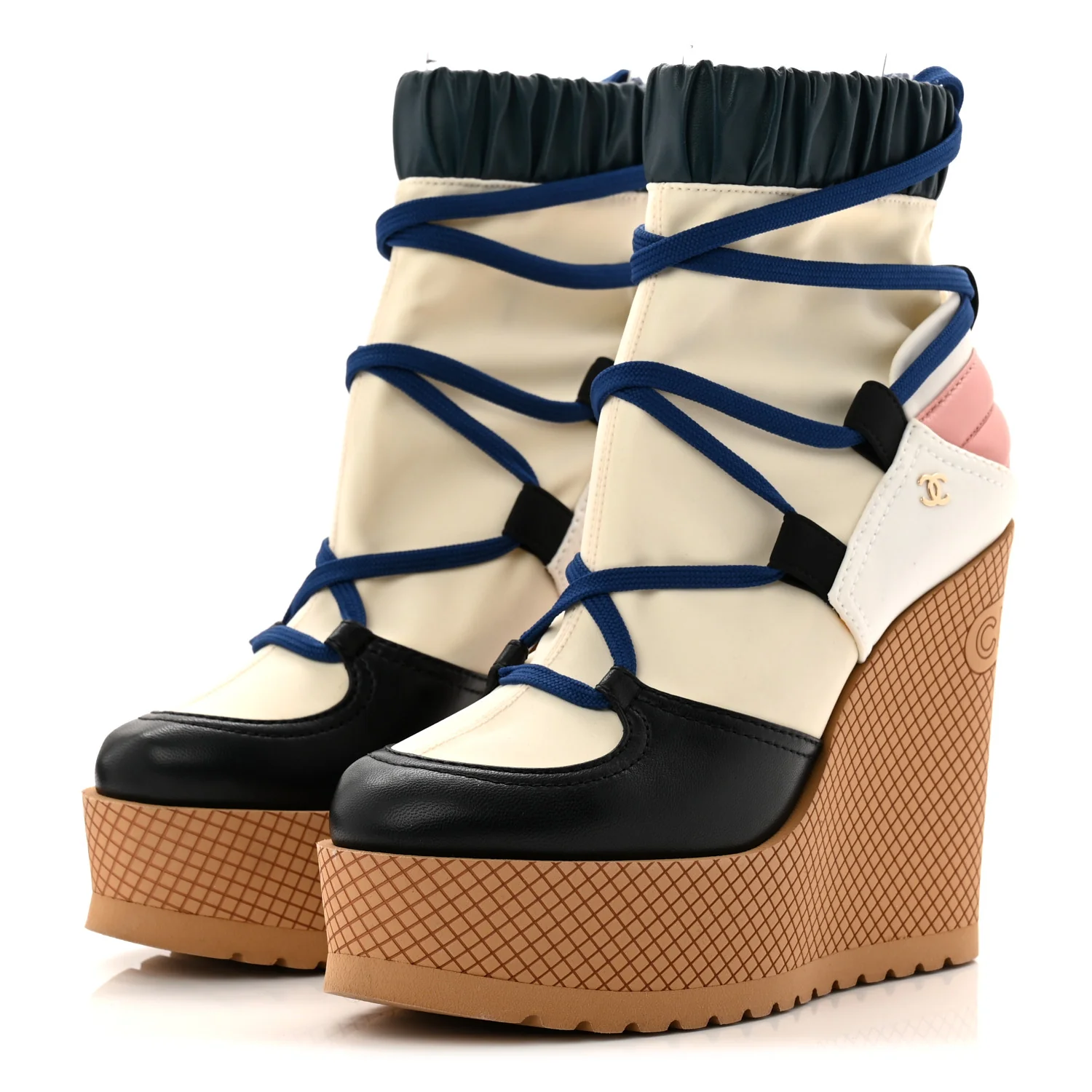 Fabric Lambskin Calfskin Runway Wedge Short Platform Boots 36 Blue White Pink - Top Club