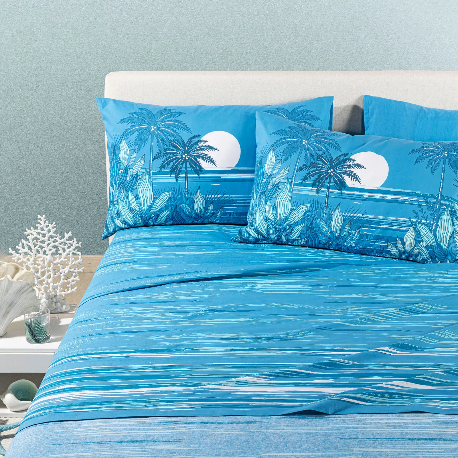 Completo Lenzuola In Cotone Palm Spring Matrimoniale Blu Caleffi