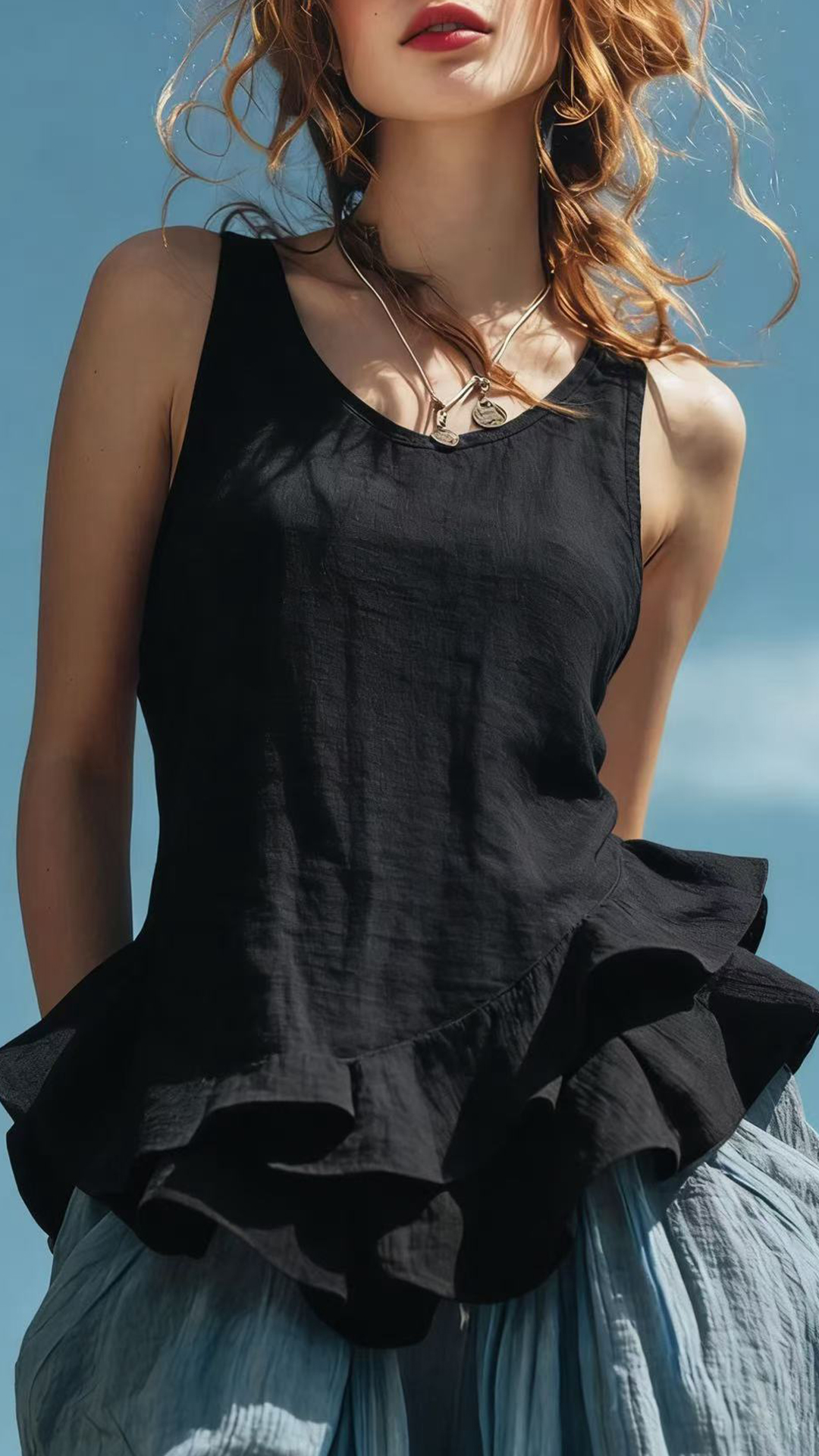 Women's Cotton‑blend U‑neck Sleeveless Ruffle Waist‑cinched Top - Nordfashionstorm - Women's Clothing, Fashion for You - Nordfashionstorm.com